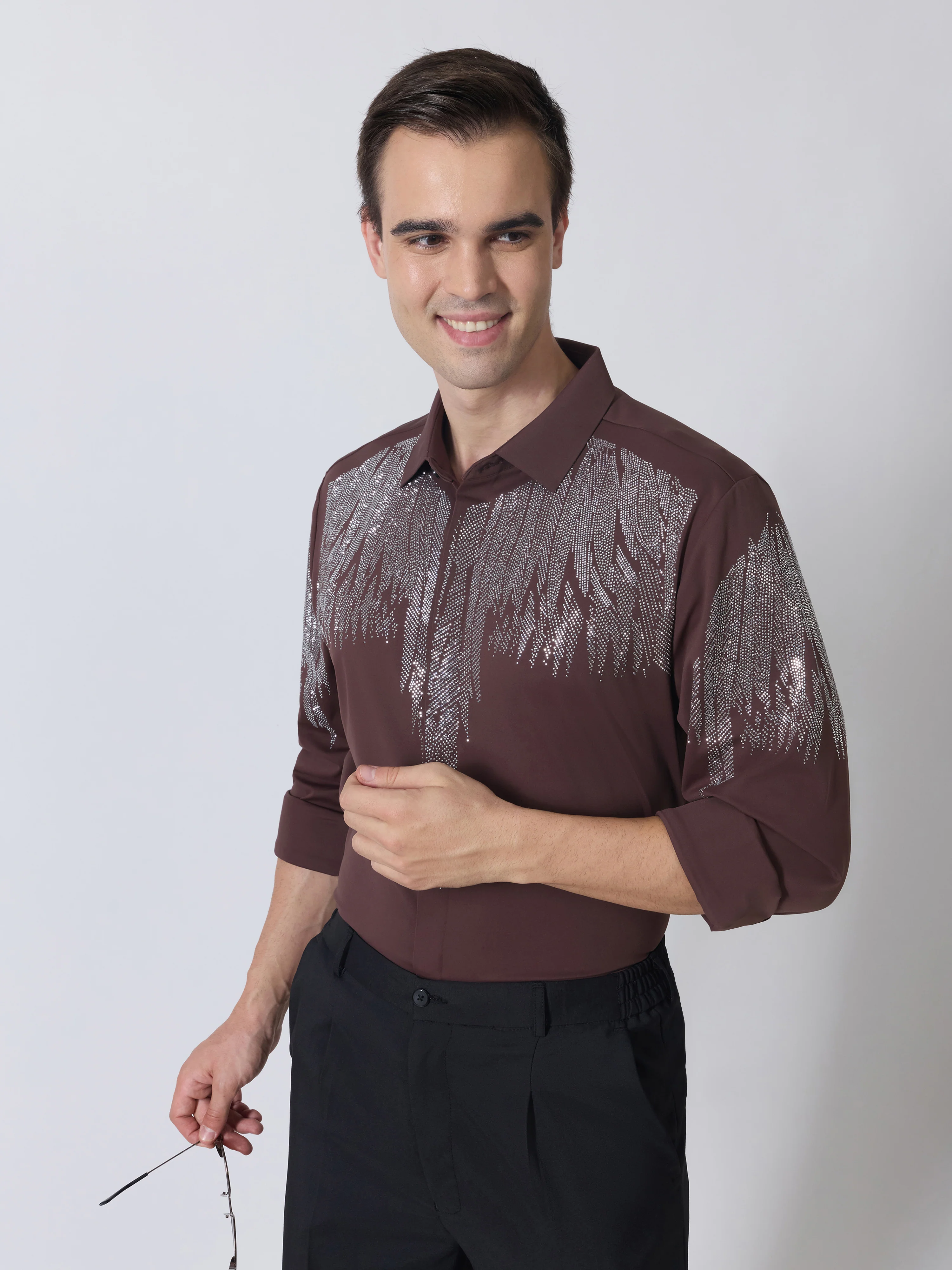 Nemo-3 - Stone Embellished Shirt - Coffee