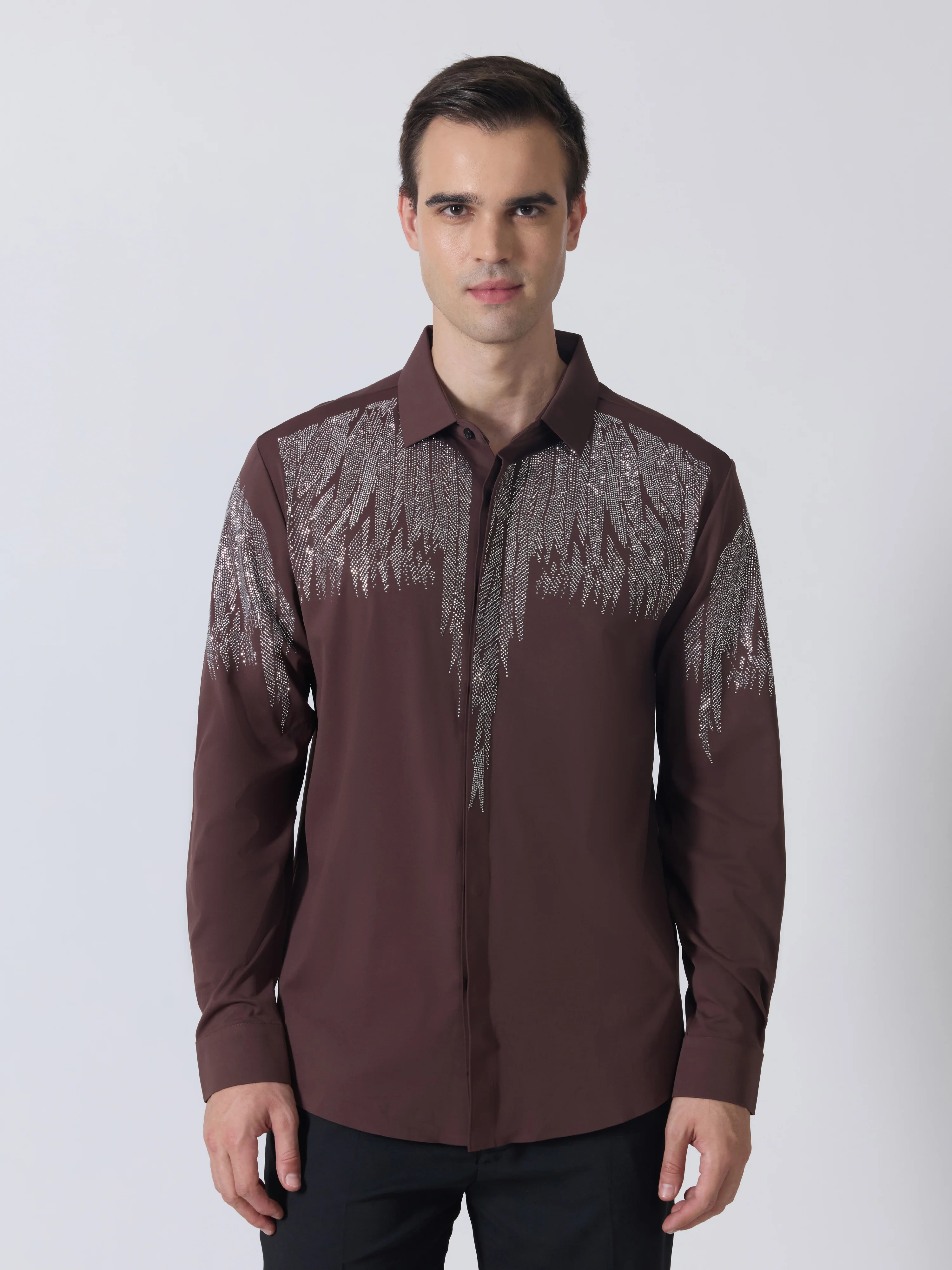 Nemo-3 - Stone Embellished Shirt - Coffee - Image 4