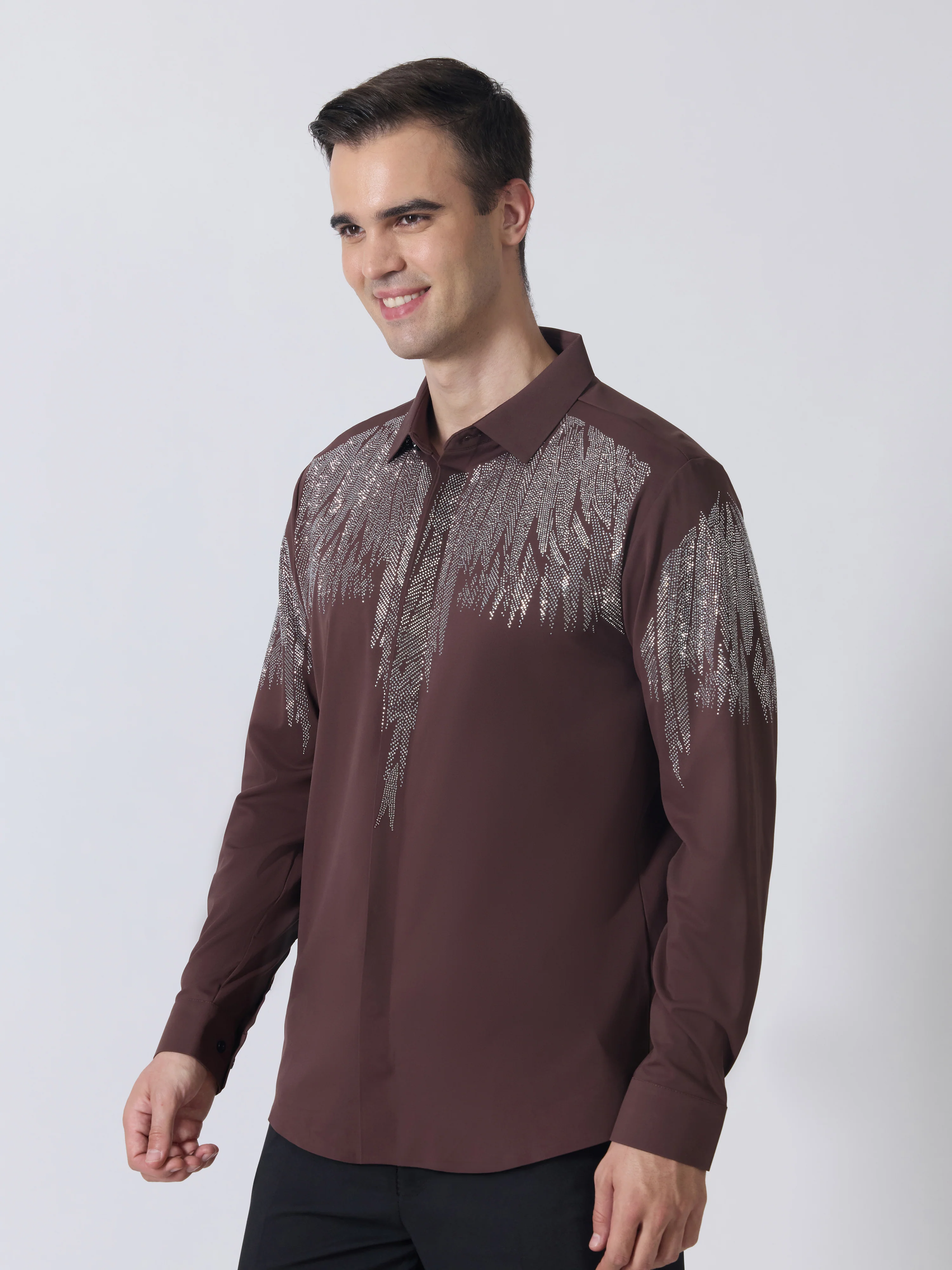 Nemo-3 - Stone Embellished Shirt - Coffee - Image 5