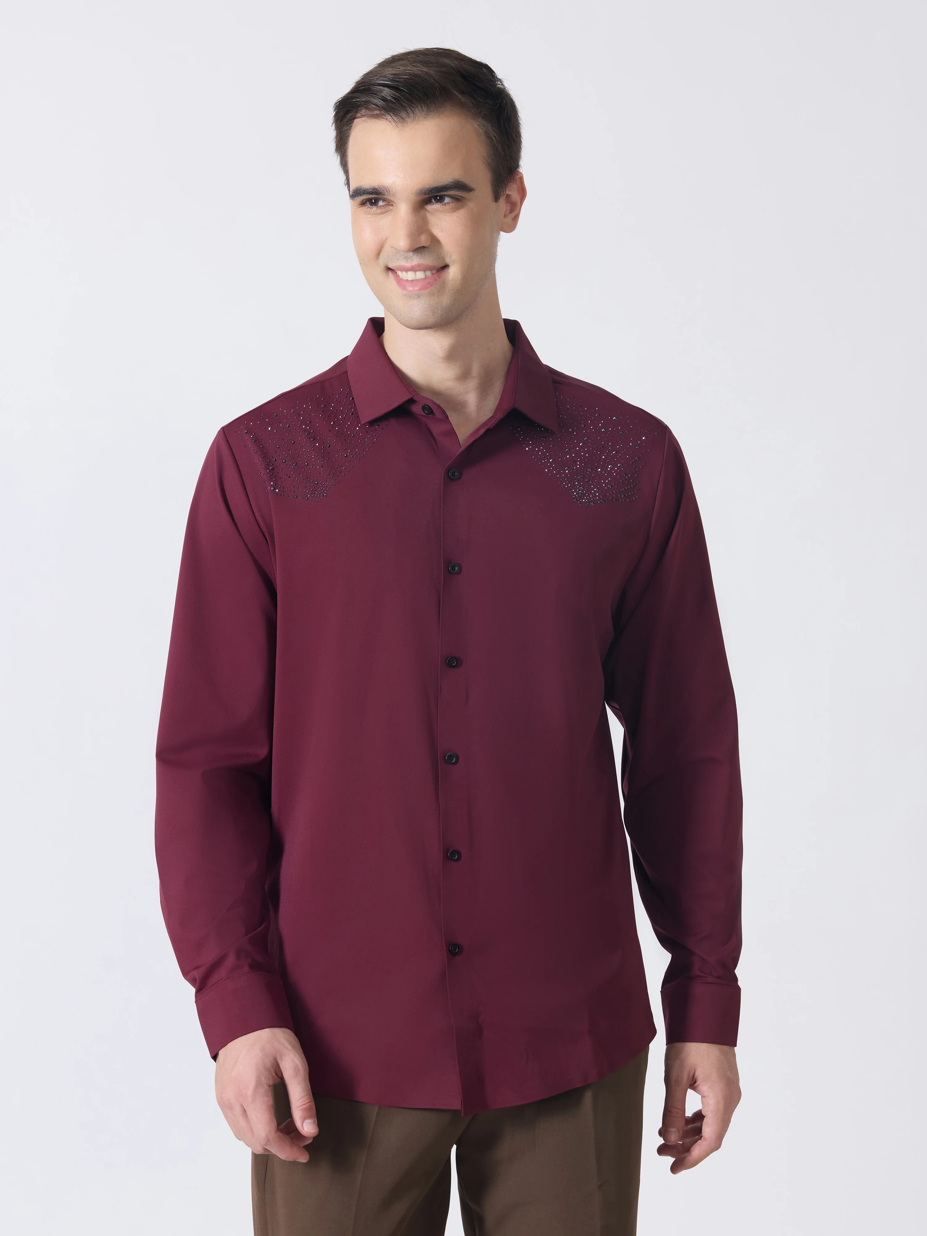 Nemo-5 - Stone Embellished Shirt - Maroon - Image 4