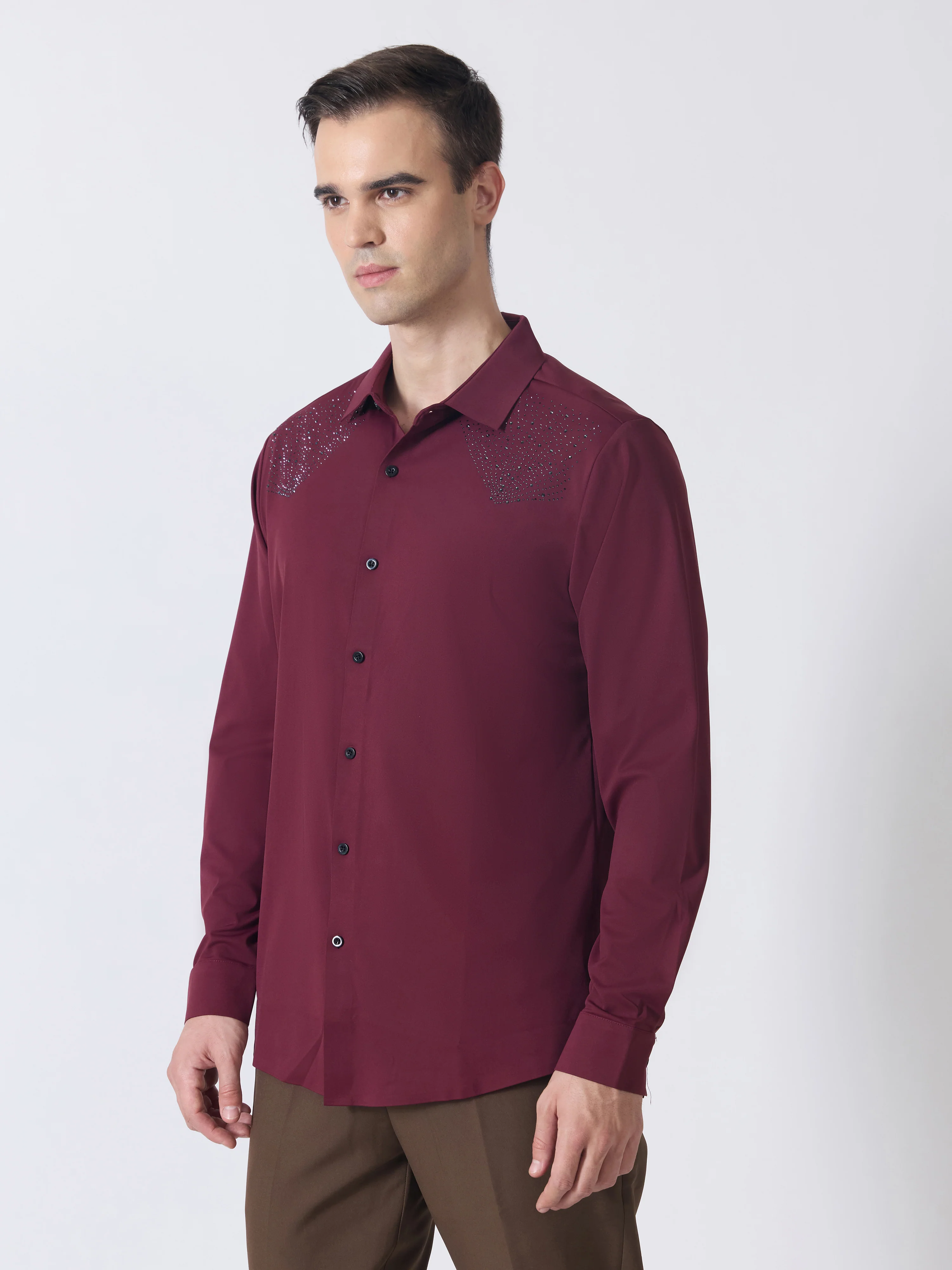 Nemo-5 - Stone Embellished Shirt - Maroon - Image 5