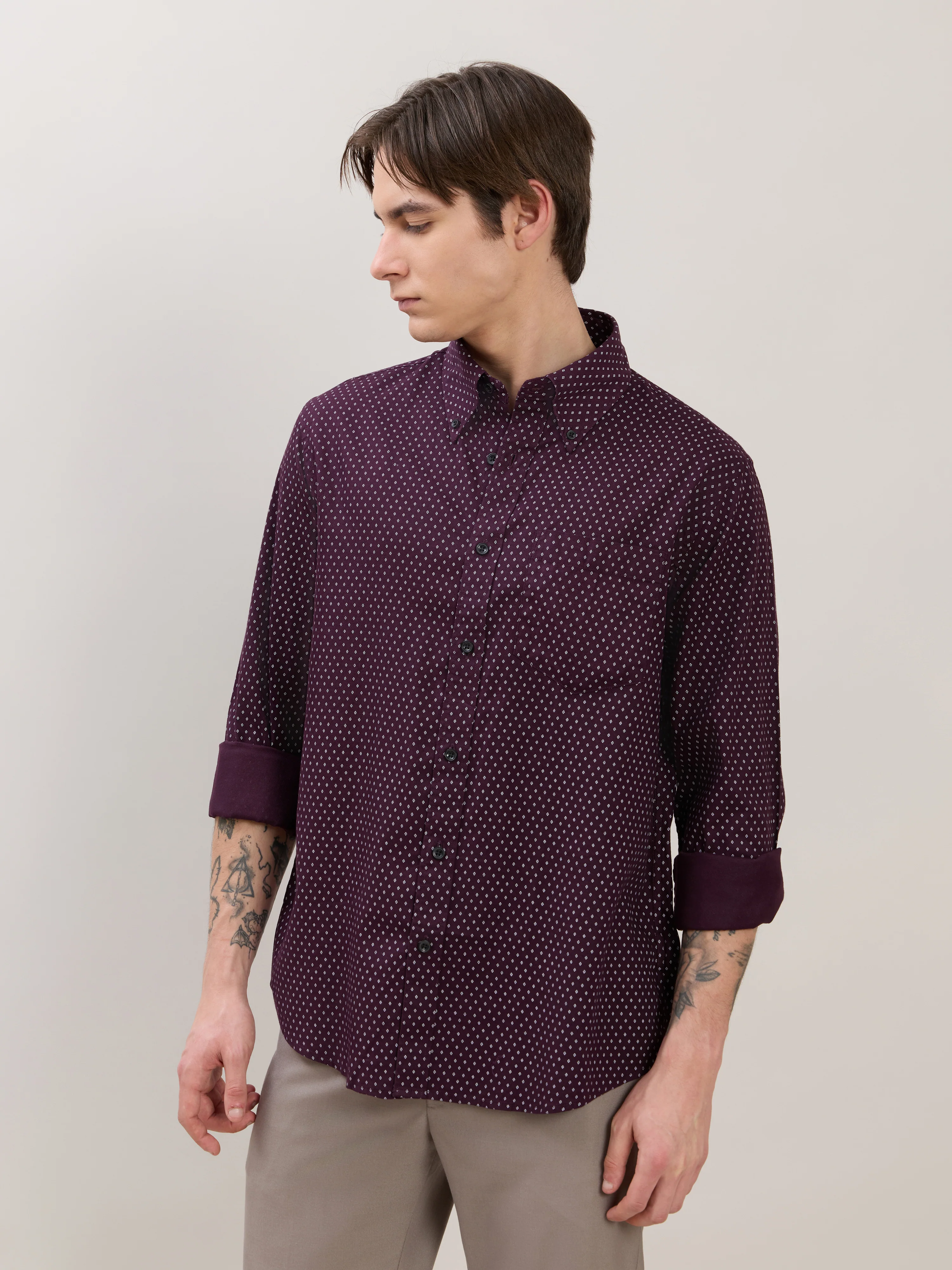 Nerelo - Smart Fit Printed Cotton Shirt - Dark Plum - Image 4