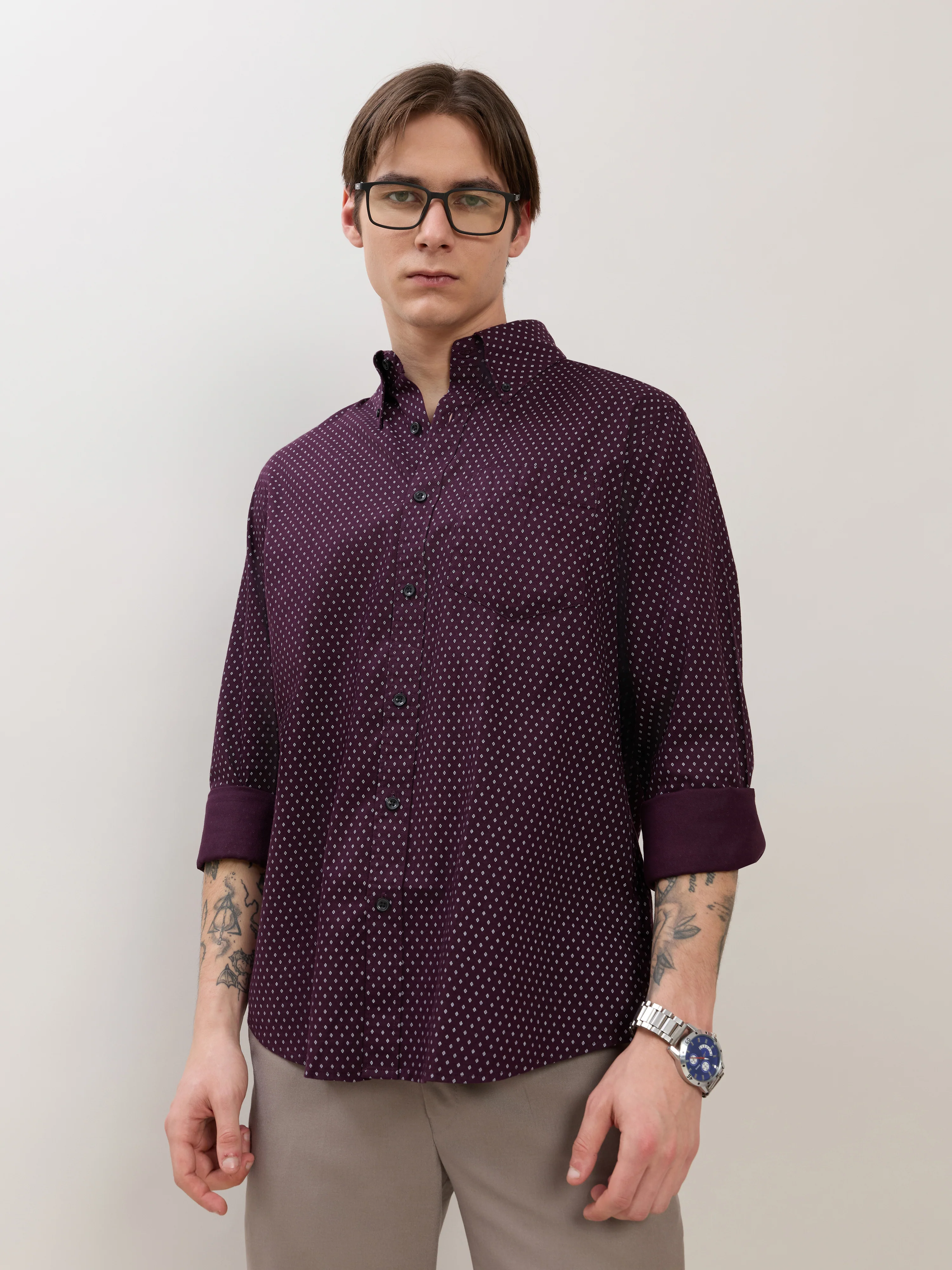 Nerelo - Smart Fit Printed Cotton Shirt - Dark Plum - Image 5