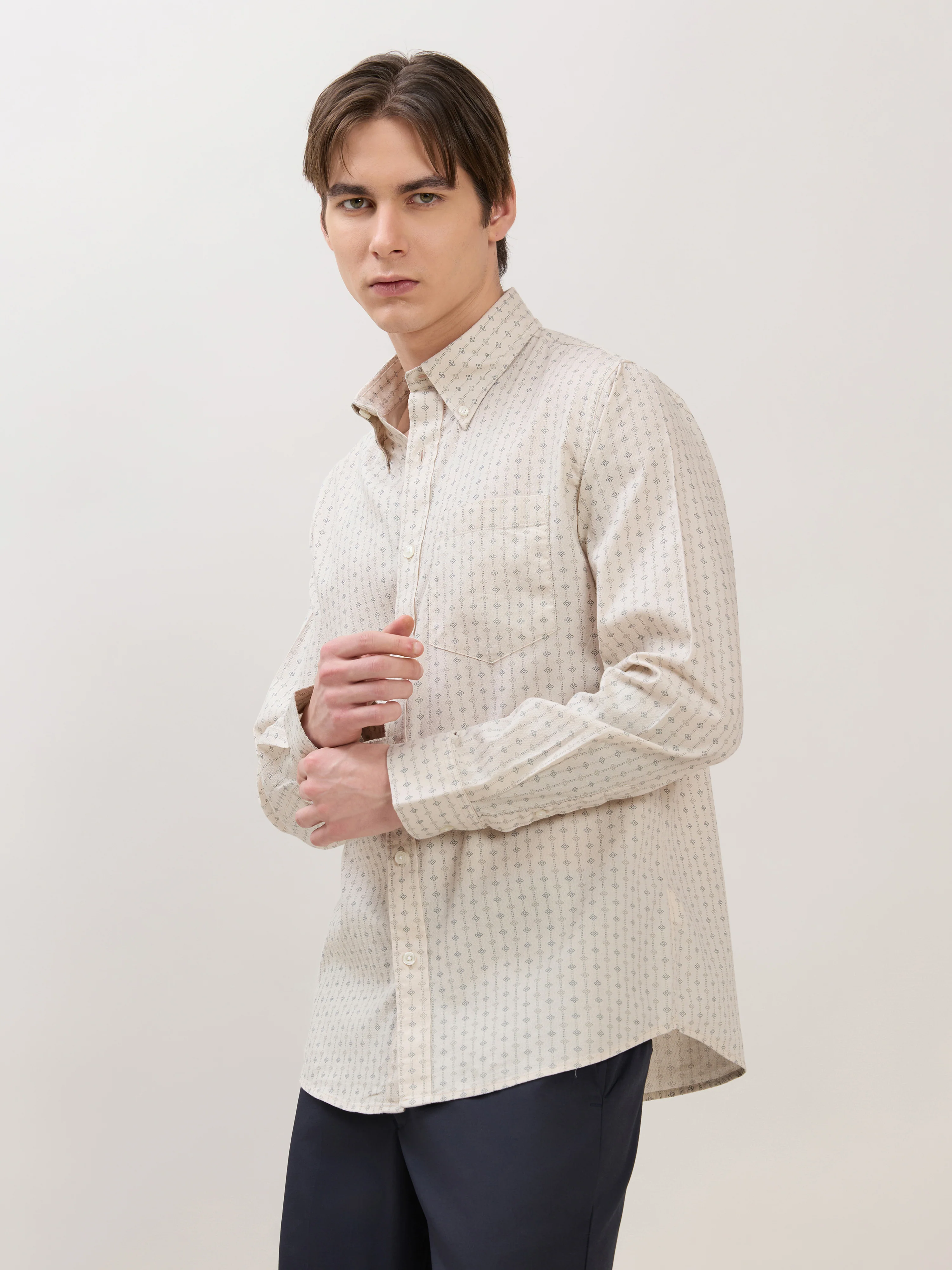 Nerelo - Smart Fit Printed Cotton Shirt - Light Beige - Image 5
