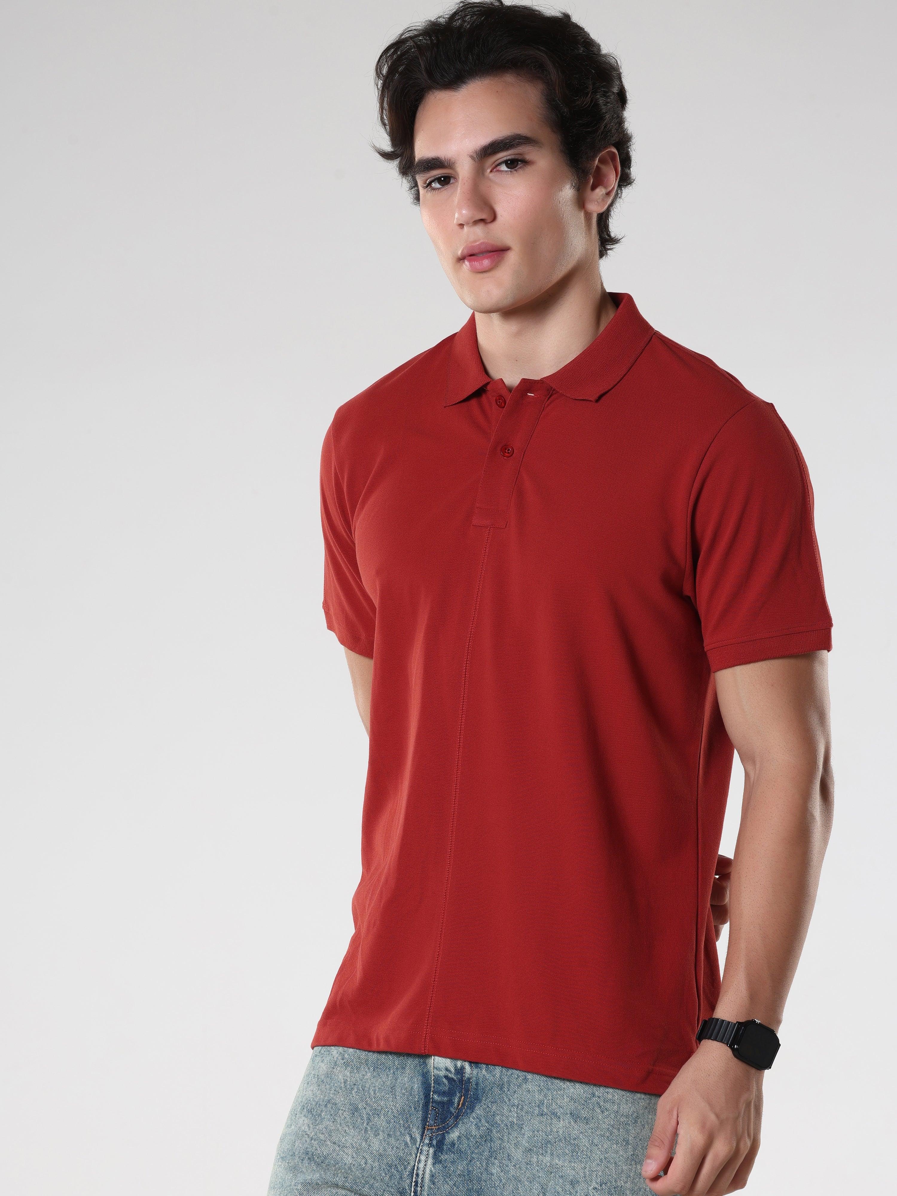 Odessa - Plain Polo T-Shirt- Red - Image 5