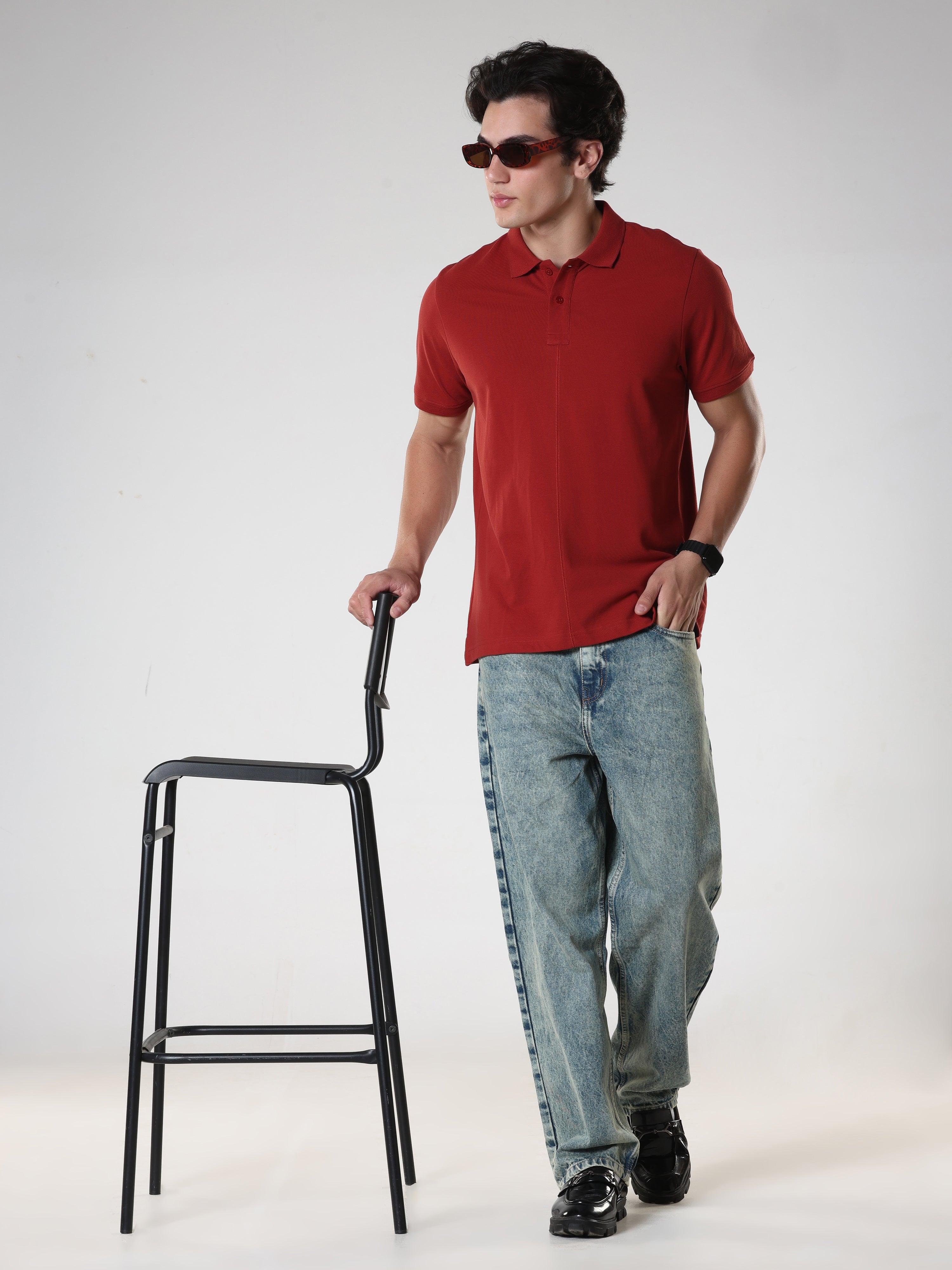 Odessa - Plain Polo T-Shirt- Red - Image 6