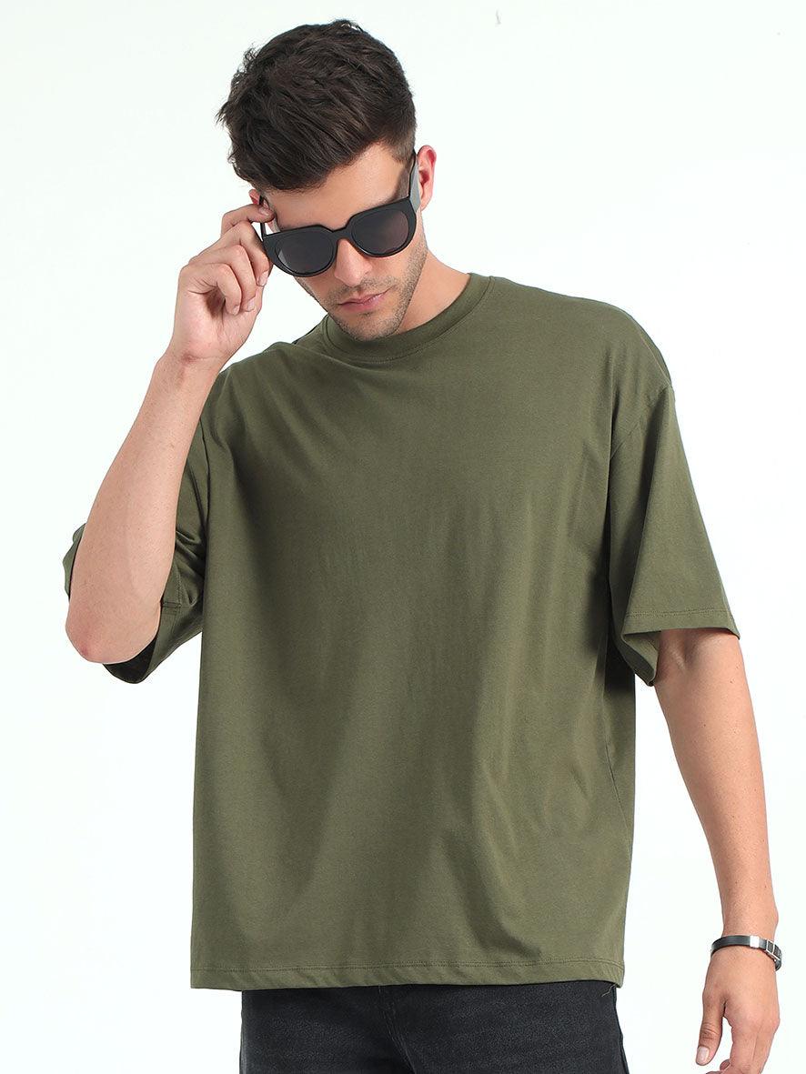 Olive Baggy Fit Round Neck T-Shirt - Image 3
