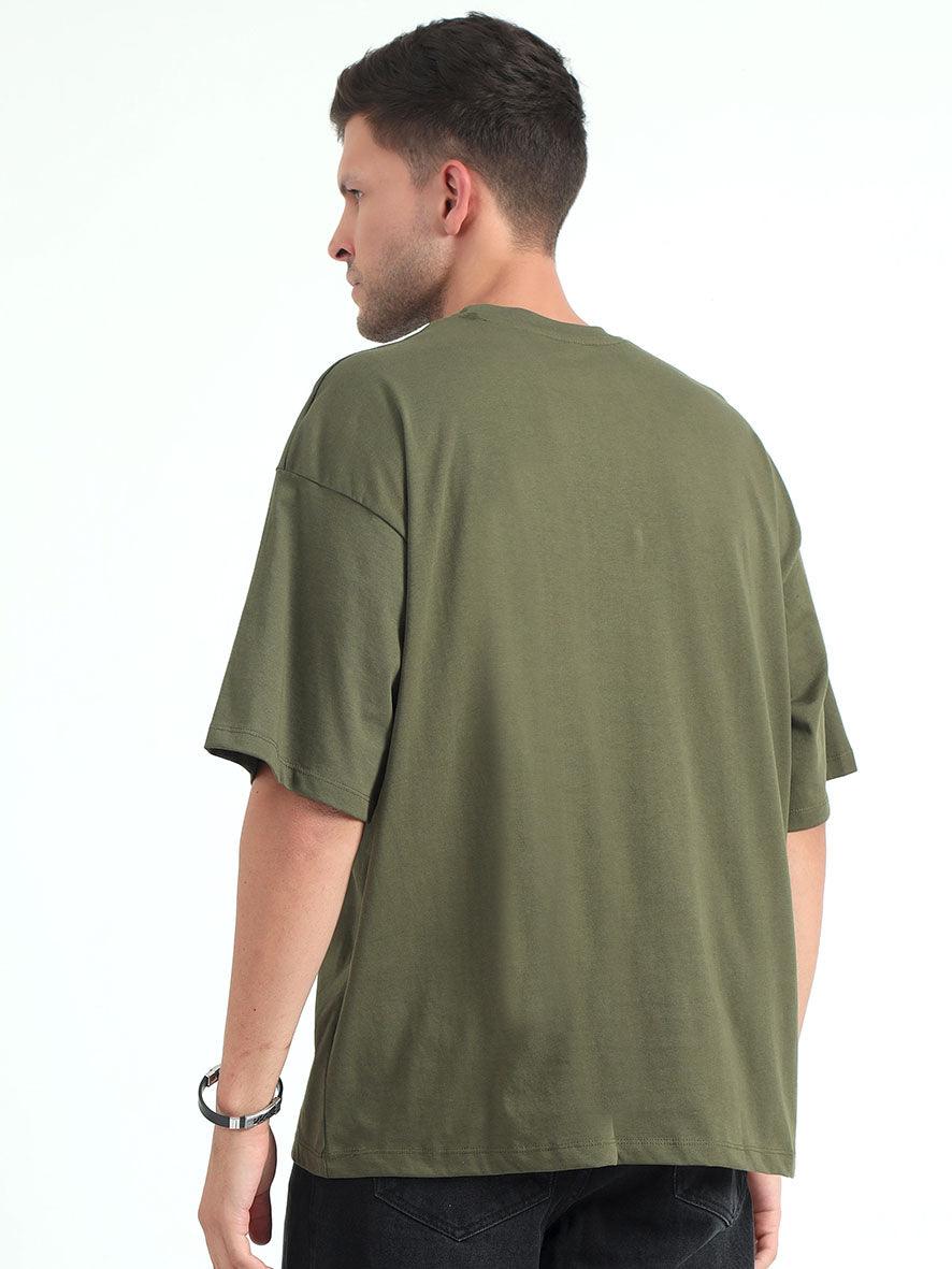 Olive Baggy Fit Round Neck T-Shirt - Image 4