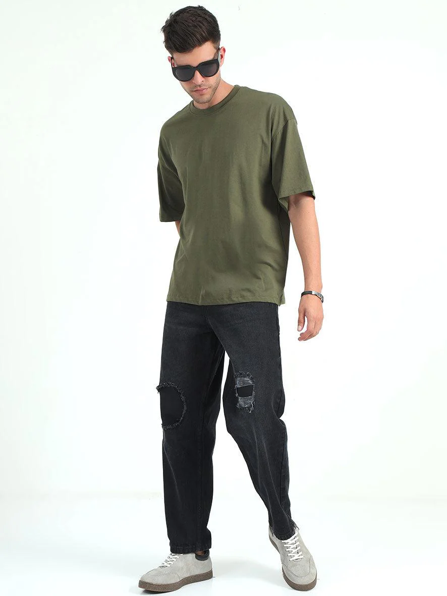 Olive Baggy Fit Round Neck T-Shirt - Image 6