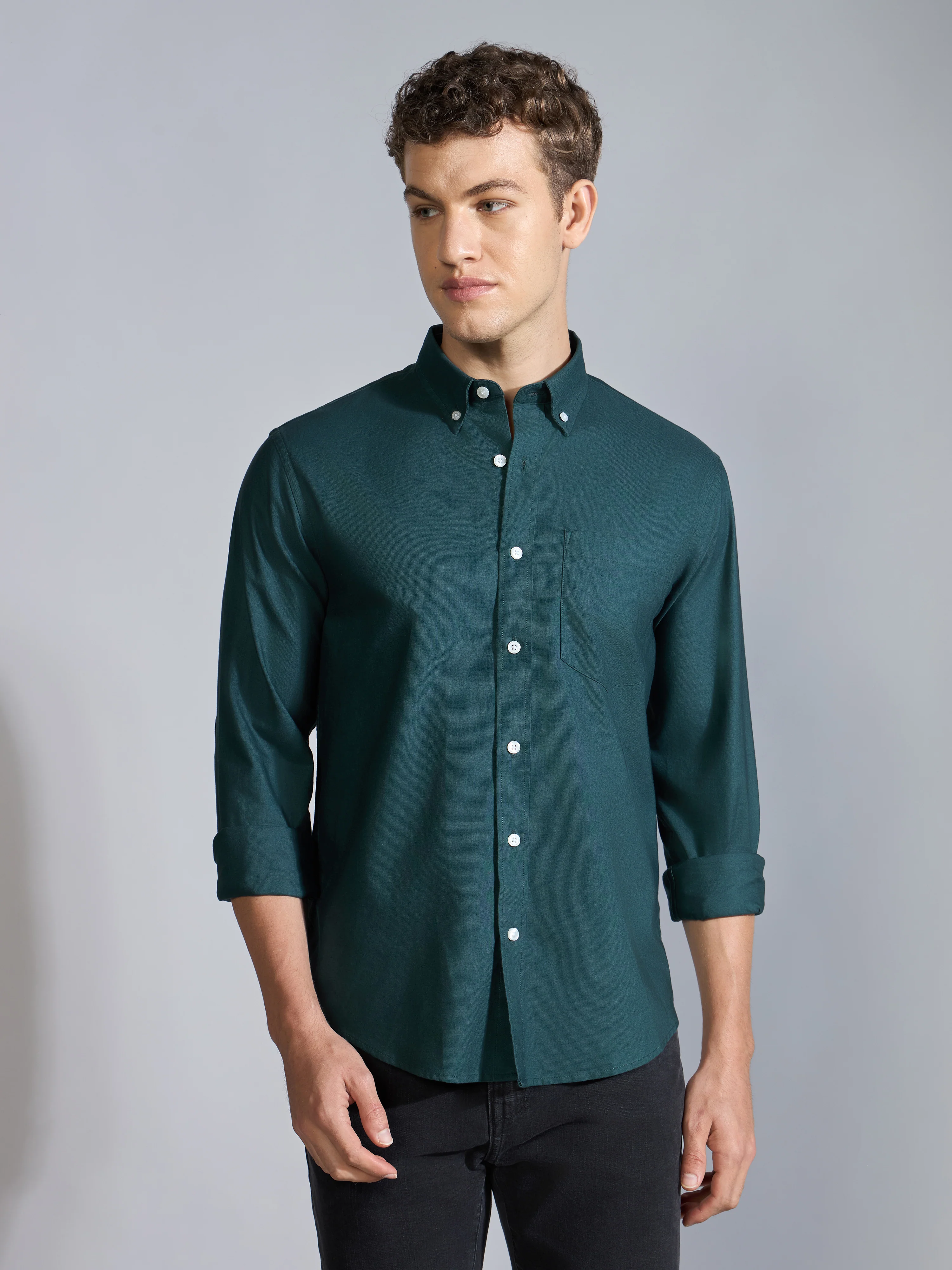 Orbit - Relaxed Fit Oxford Shirt With Elbow Patch - Dark Green - Image 4