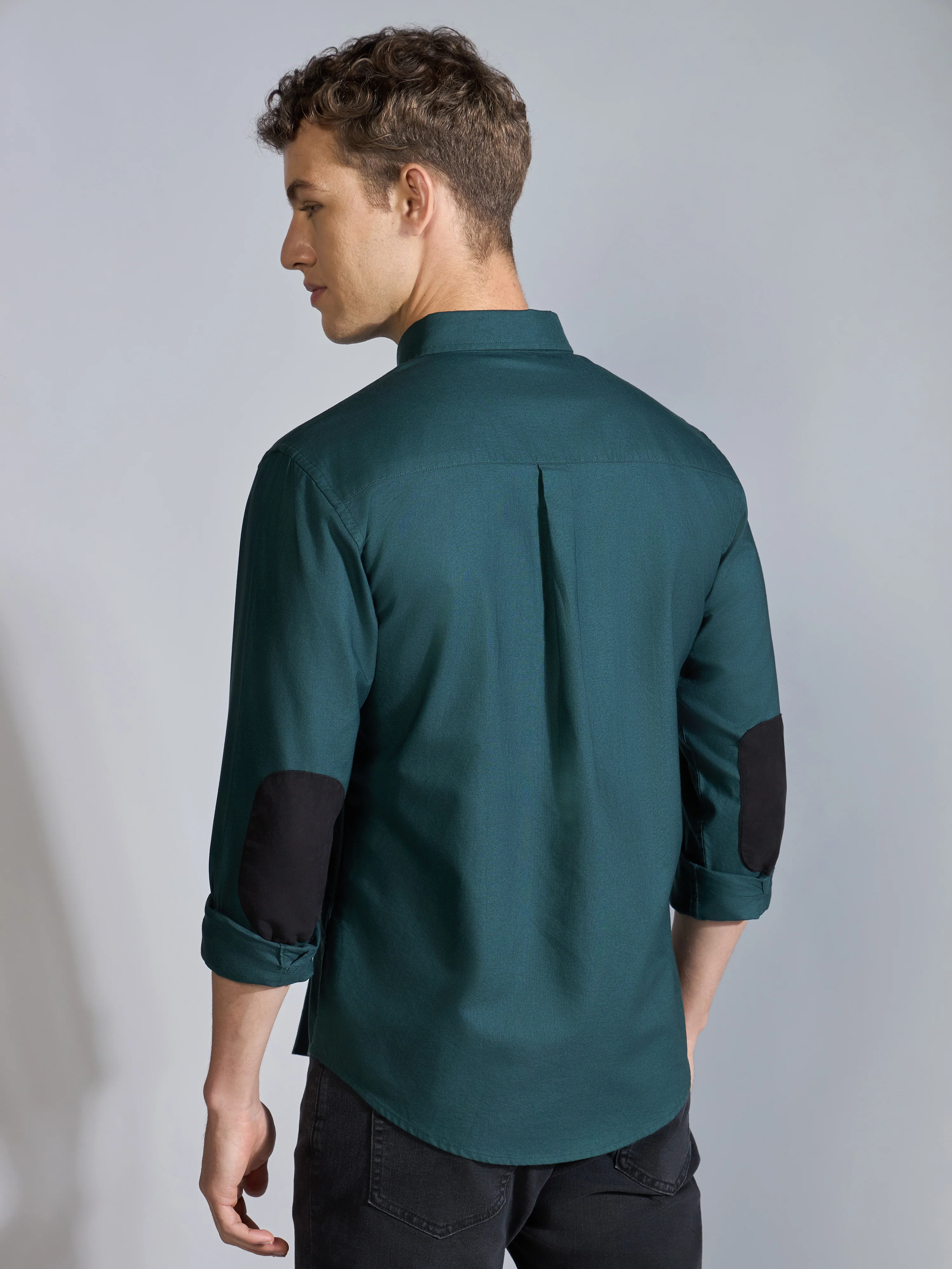 Orbit - Relaxed Fit Oxford Shirt With Elbow Patch - Dark Green - Image 6