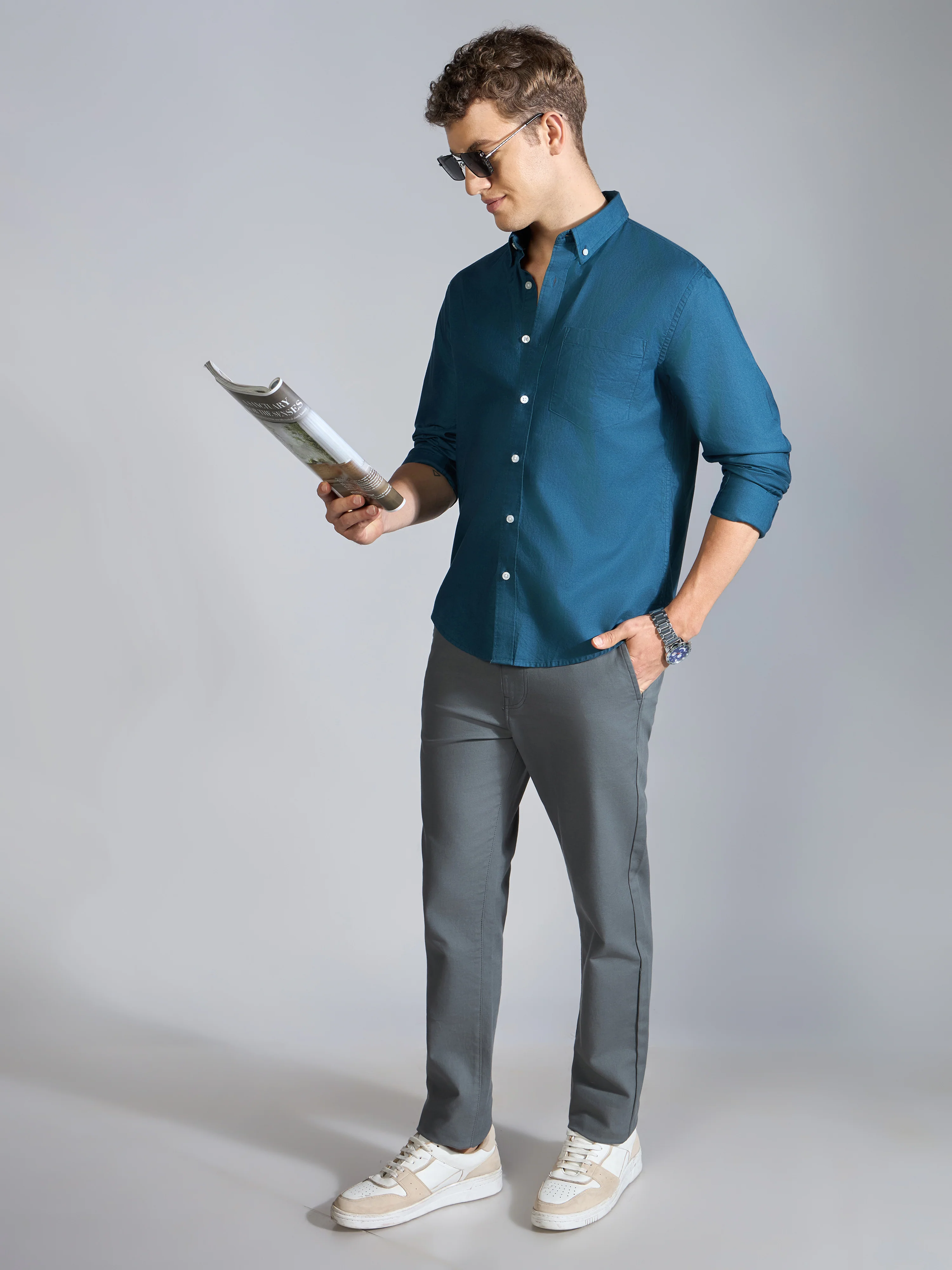Orbit -  Relaxed Fit Oxford Shirt With Elbow Patch - Peacock Blue - Image 2