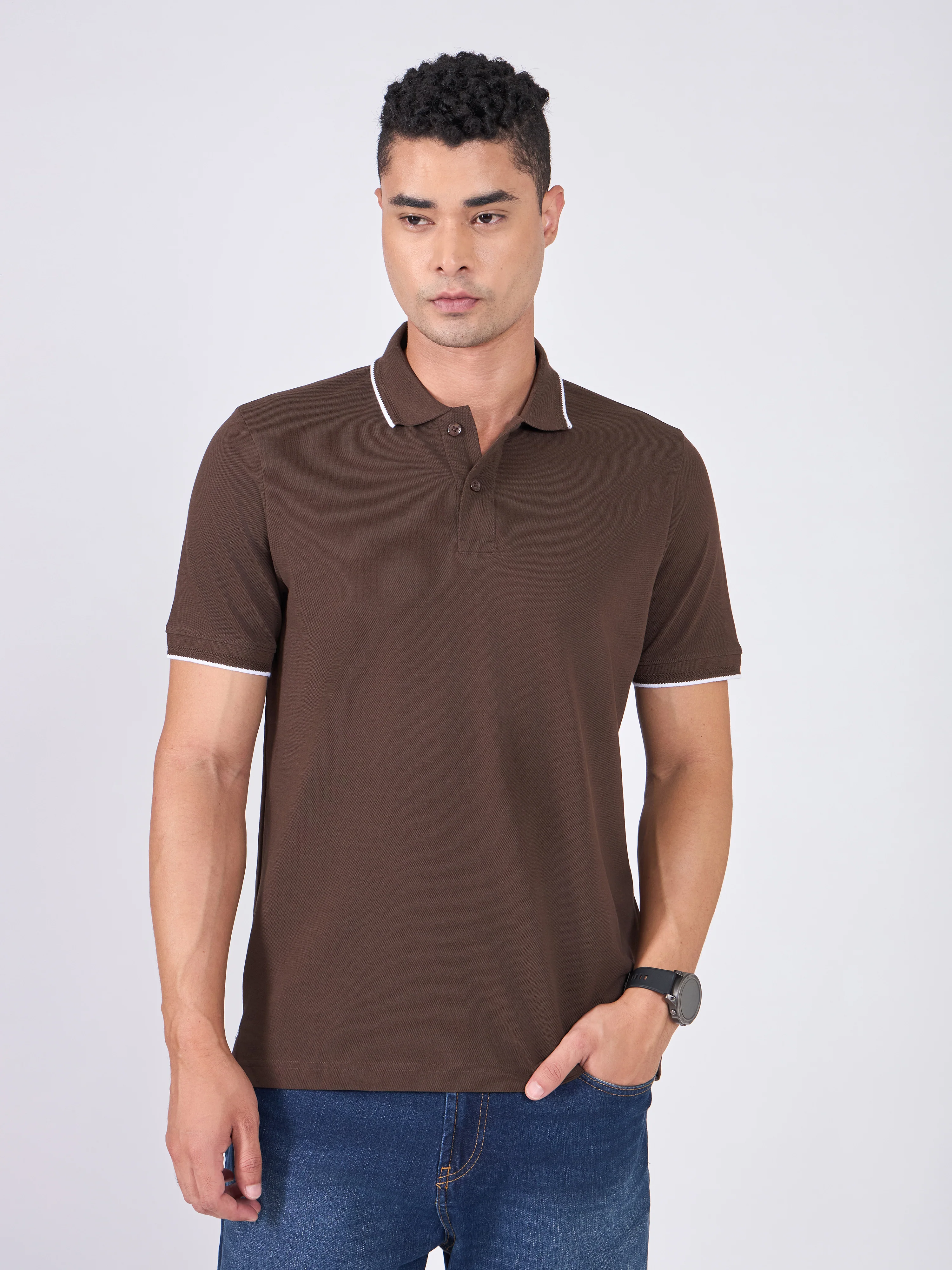 Orwell - Polo T-Shirt with Contrast Tipping - Dark Coffee - Image 4