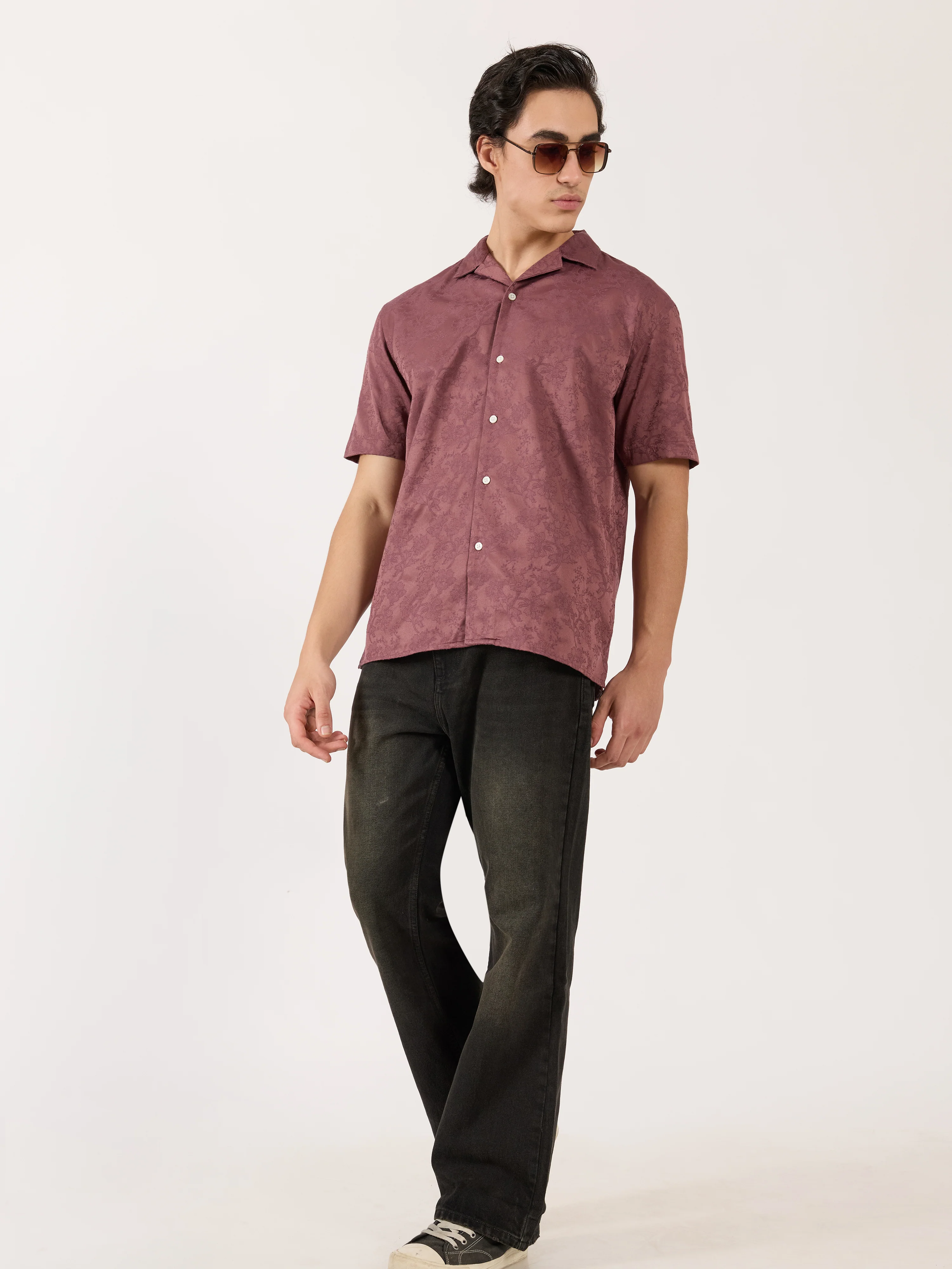 Pova - Embroidered Cuban Collar Shirt - Plum - Image 2