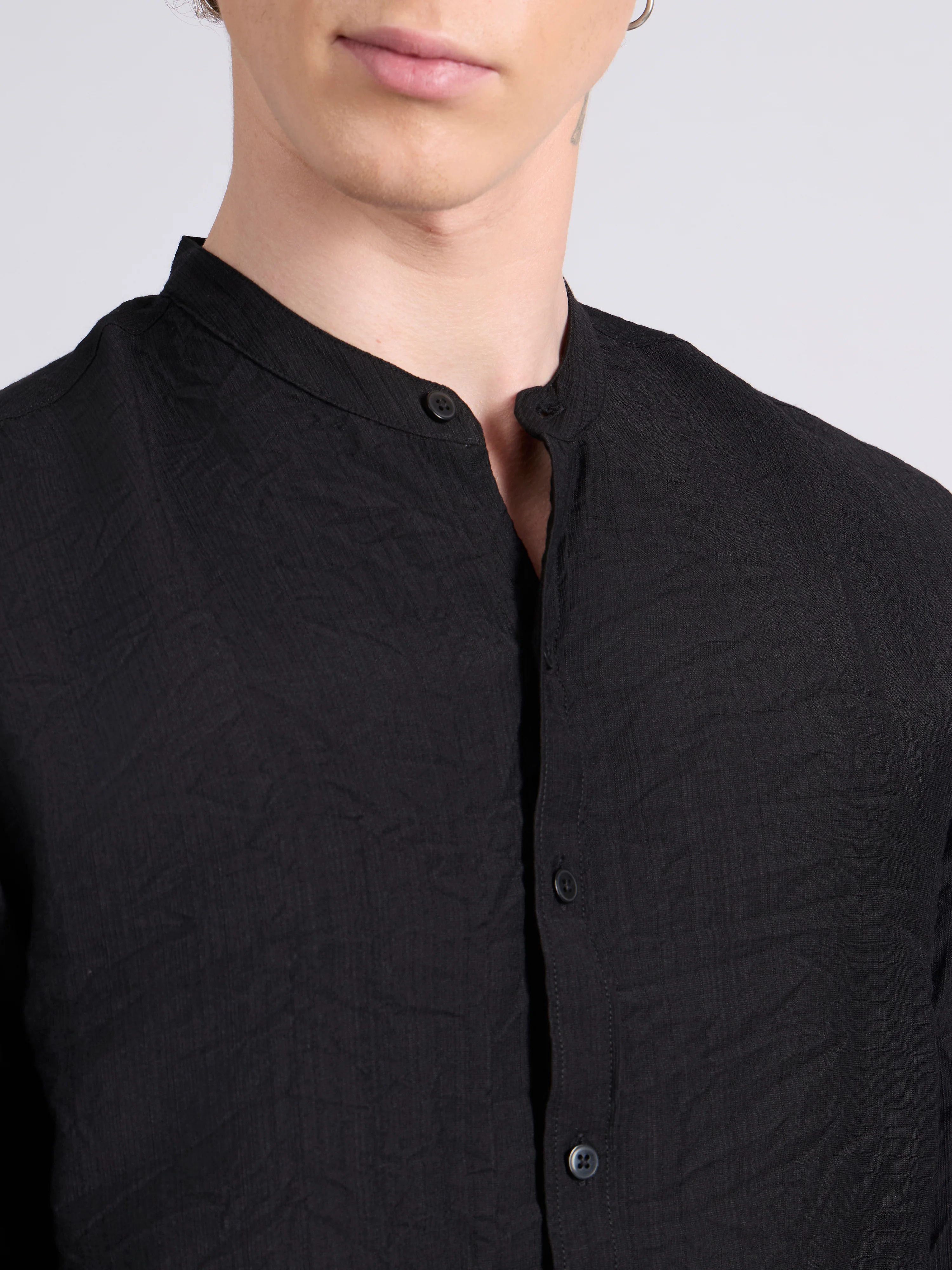 Pryor - Band Collar Plain Shirt - Black - Image 2