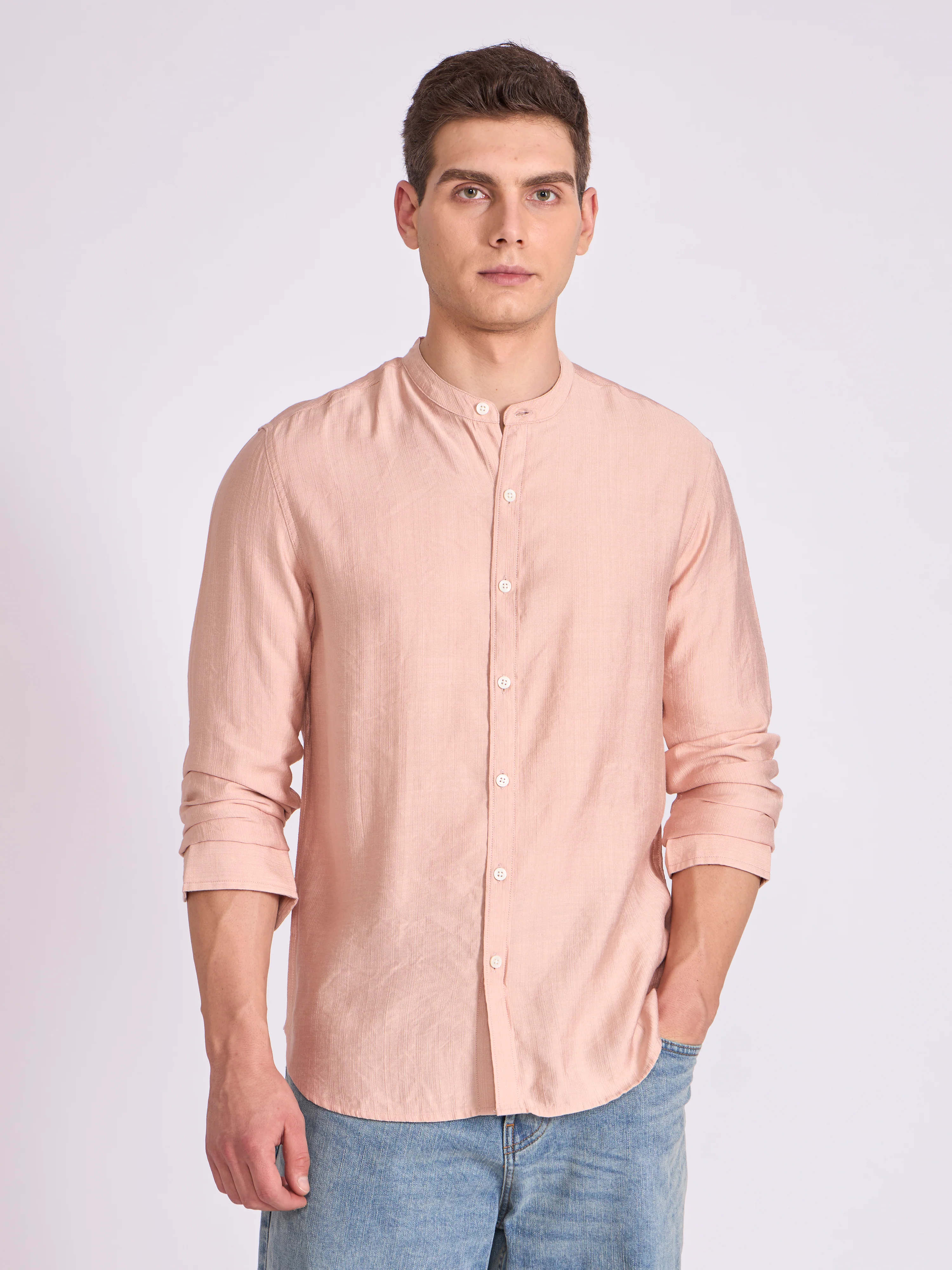 Pryor - Band Collar Plain Shirt - Fawn - Image 3