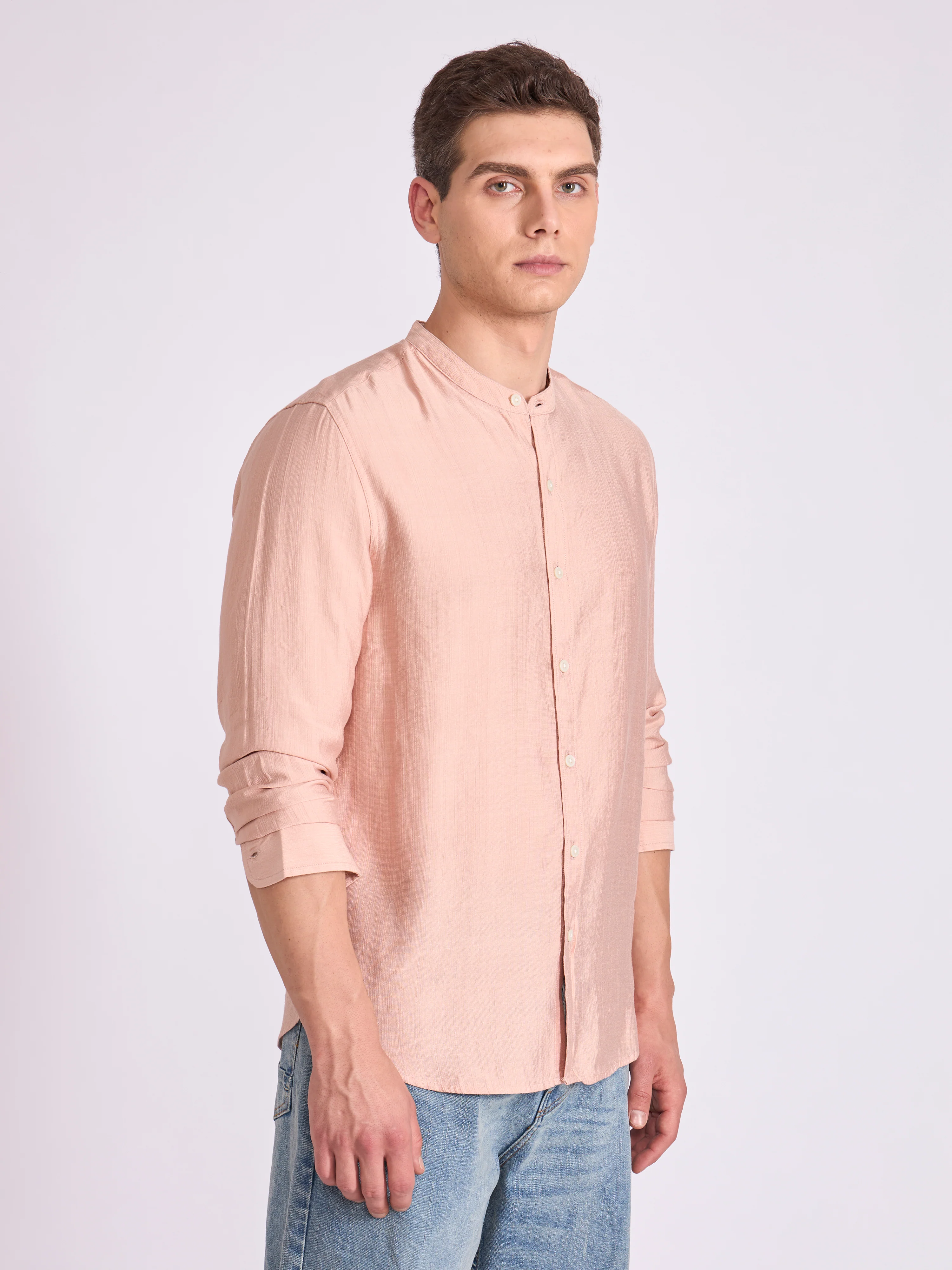 Pryor - Band Collar Plain Shirt - Fawn - Image 5