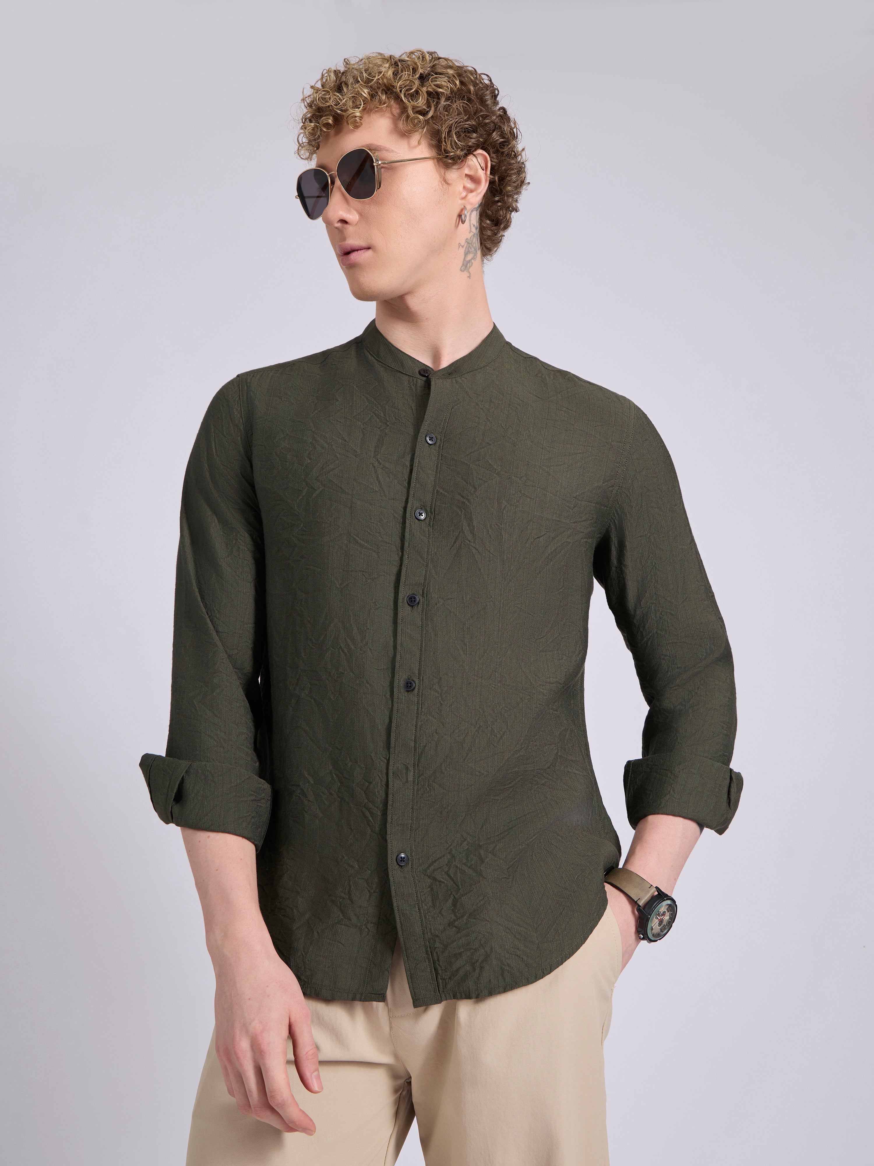 Pryor - Band Collar Plain Shirt - Green - Image 5