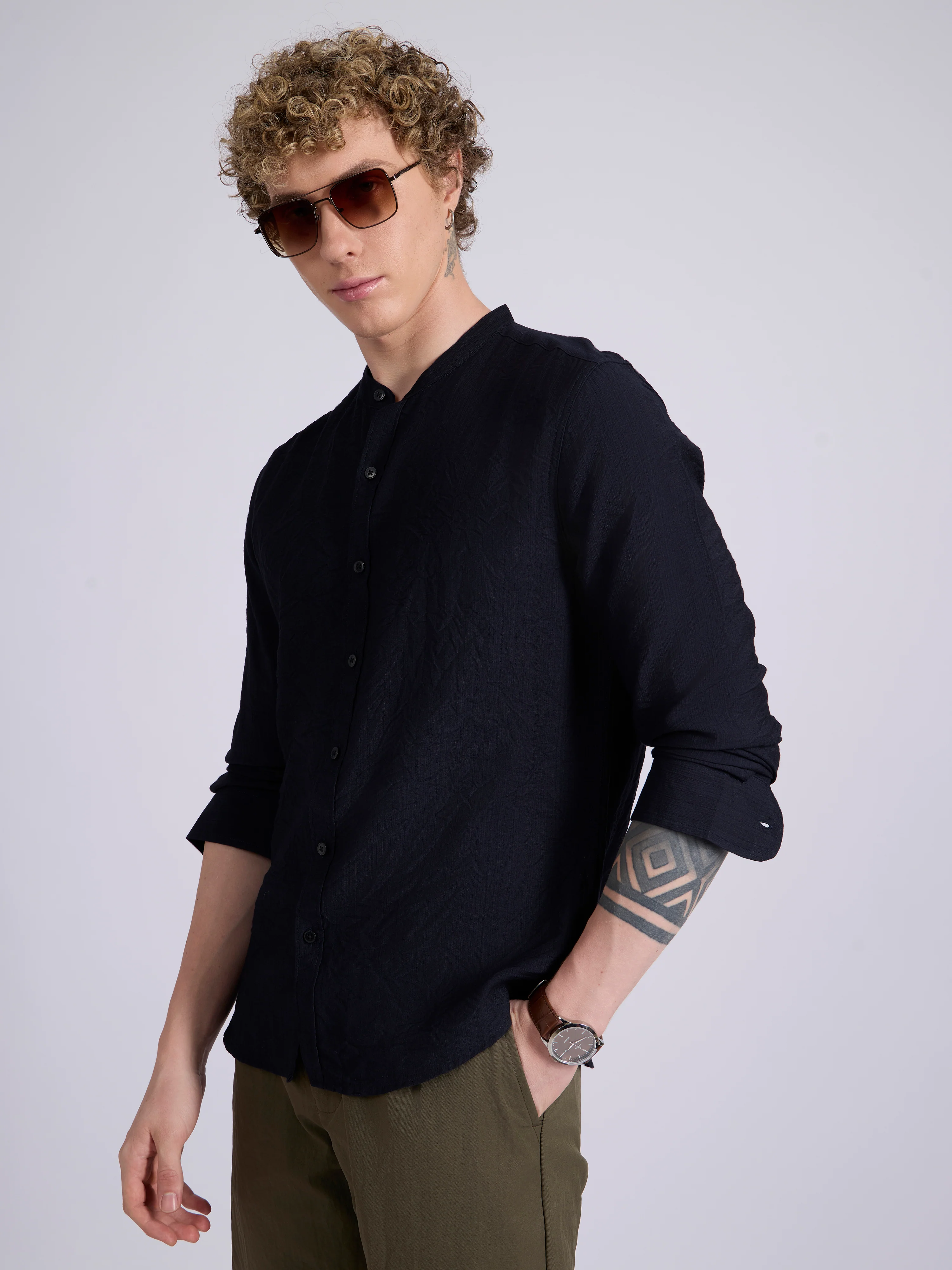 Pryor - Band Collar Plain Shirt - Navy Blue