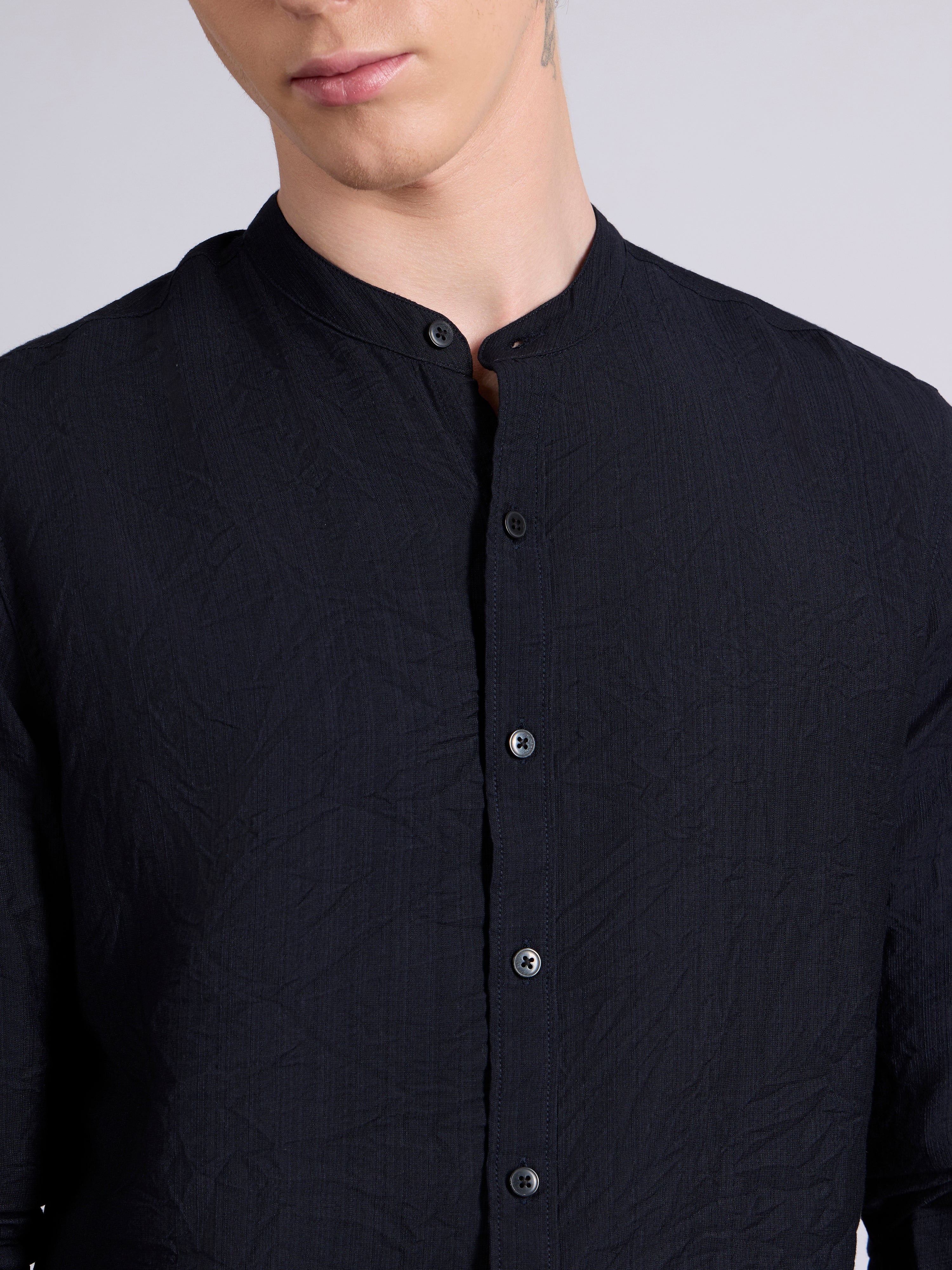 Pryor - Band Collar Plain Shirt - Navy Blue - Image 2