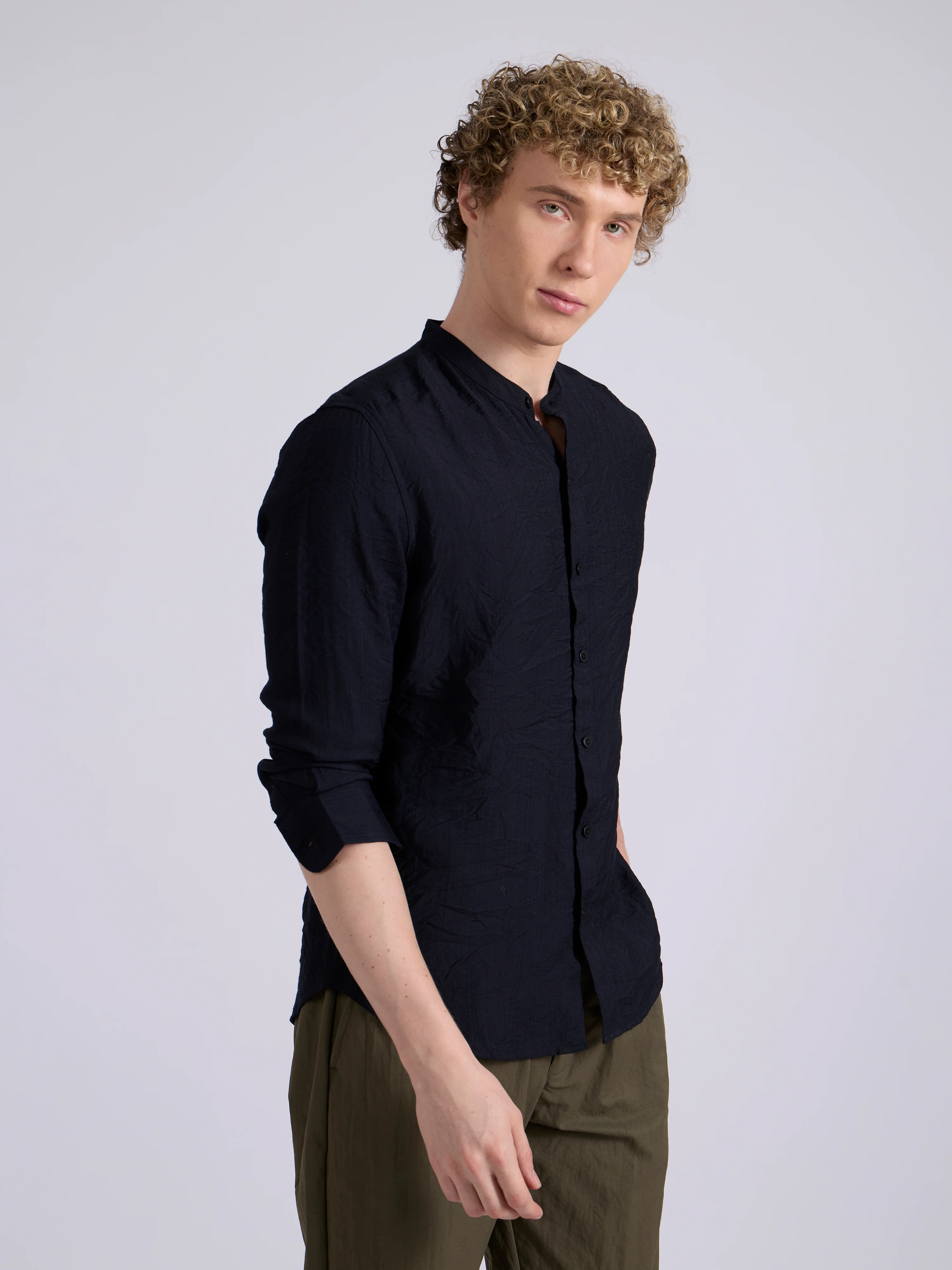 Pryor - Band Collar Plain Shirt - Navy Blue - Image 3