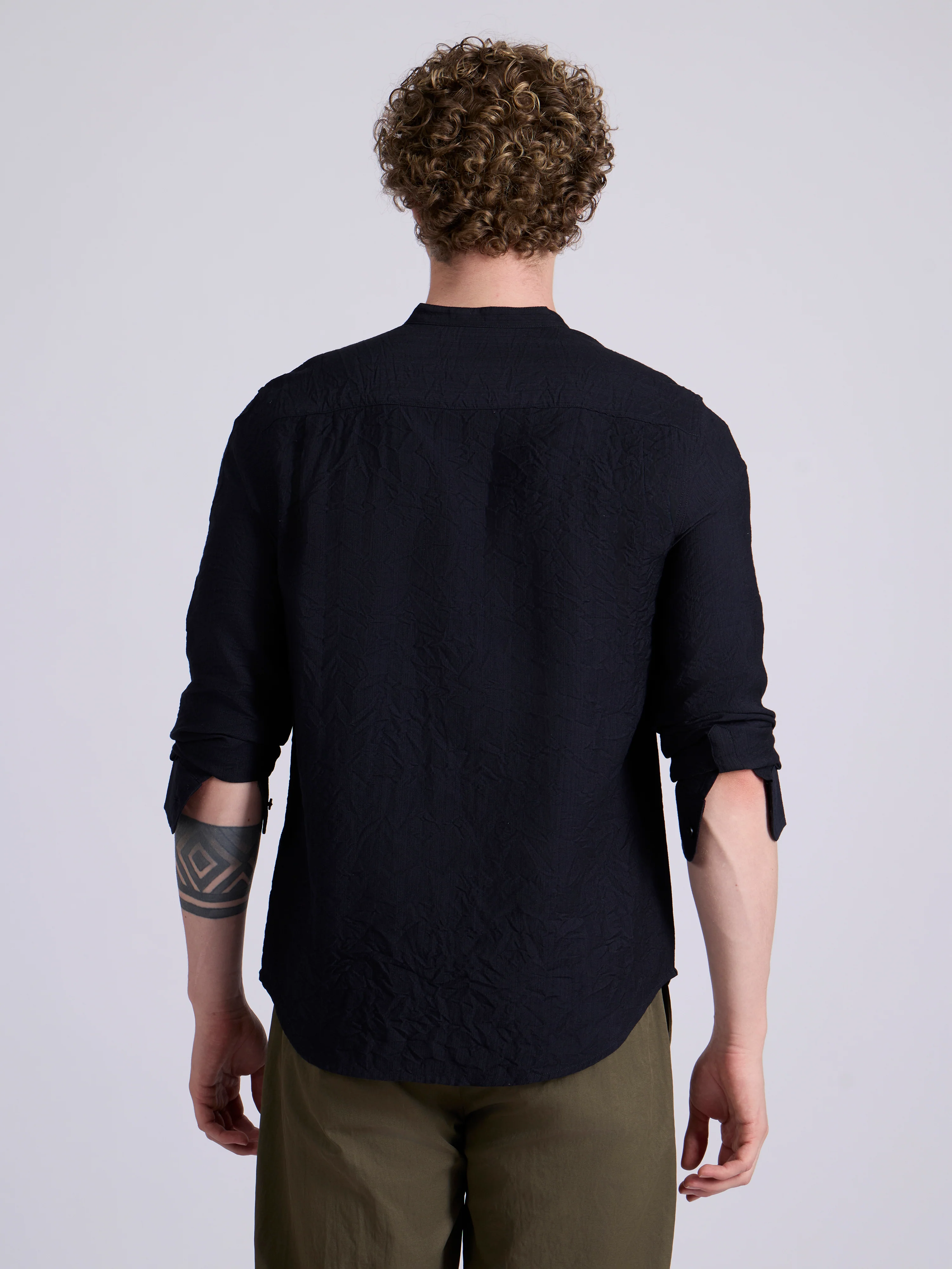 Pryor - Band Collar Plain Shirt - Navy Blue - Image 4