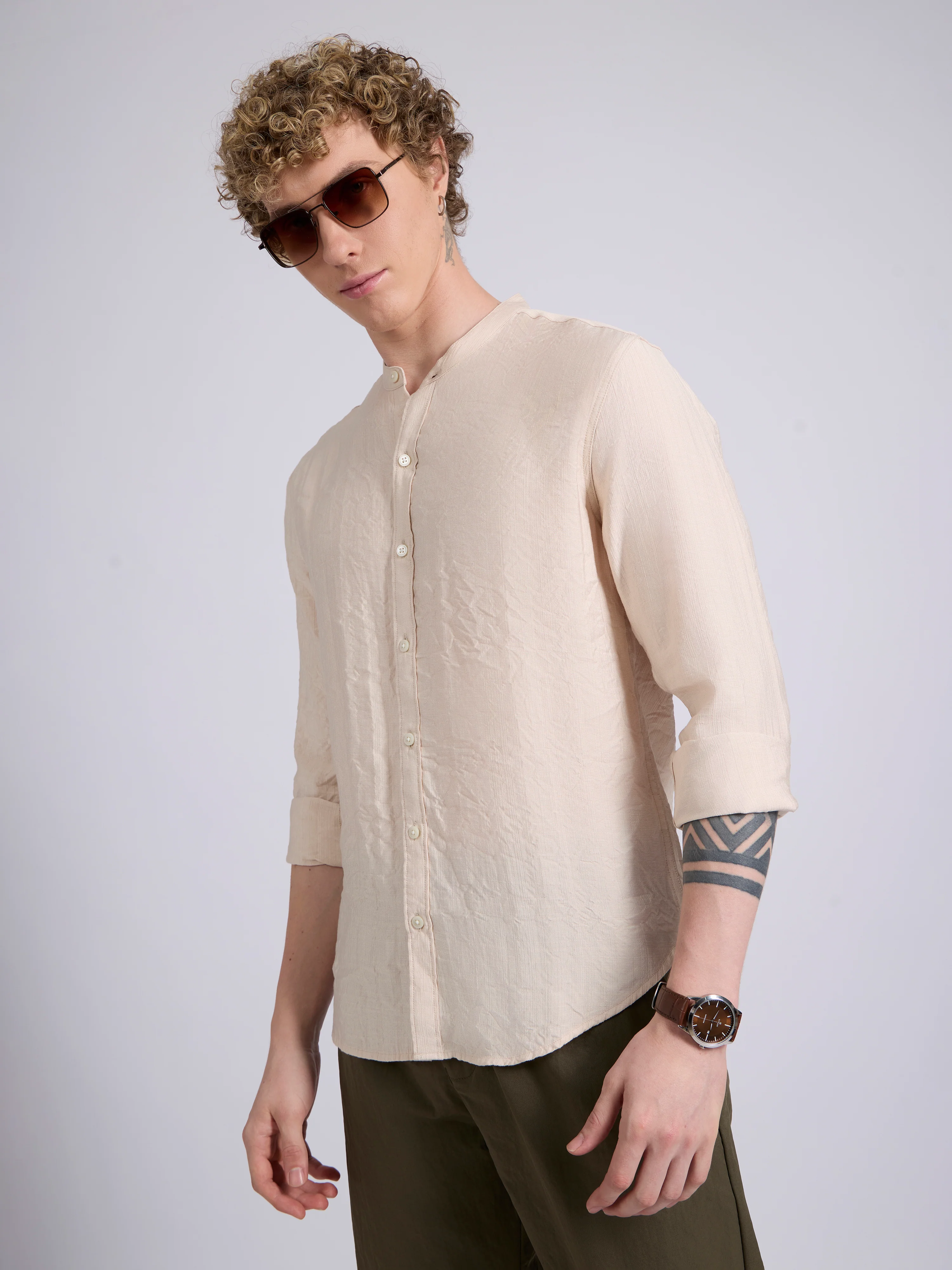 Pryor- Band Collar Plain Shirt - Pink - Image 3