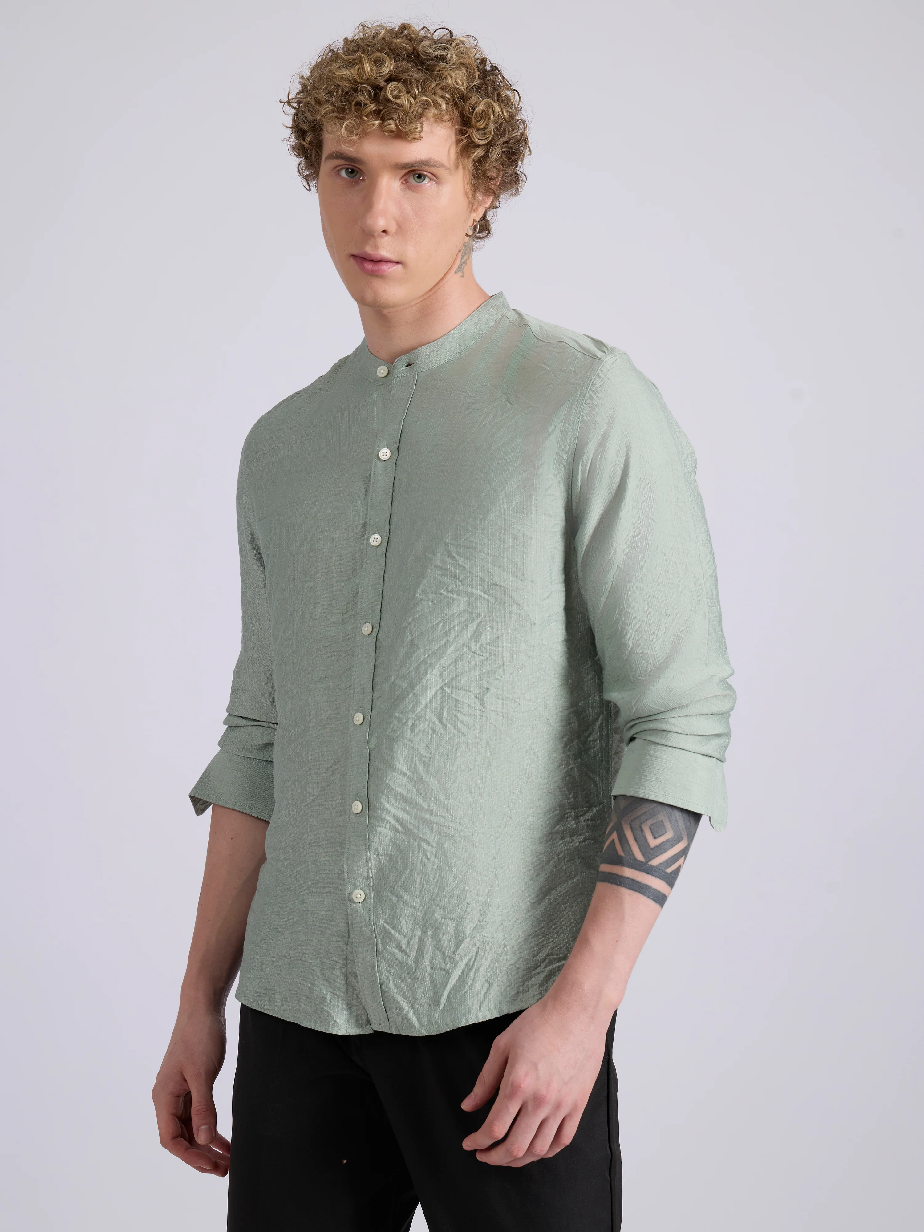Pryor - Band Collar Plain Shirt - Pista - Image 3