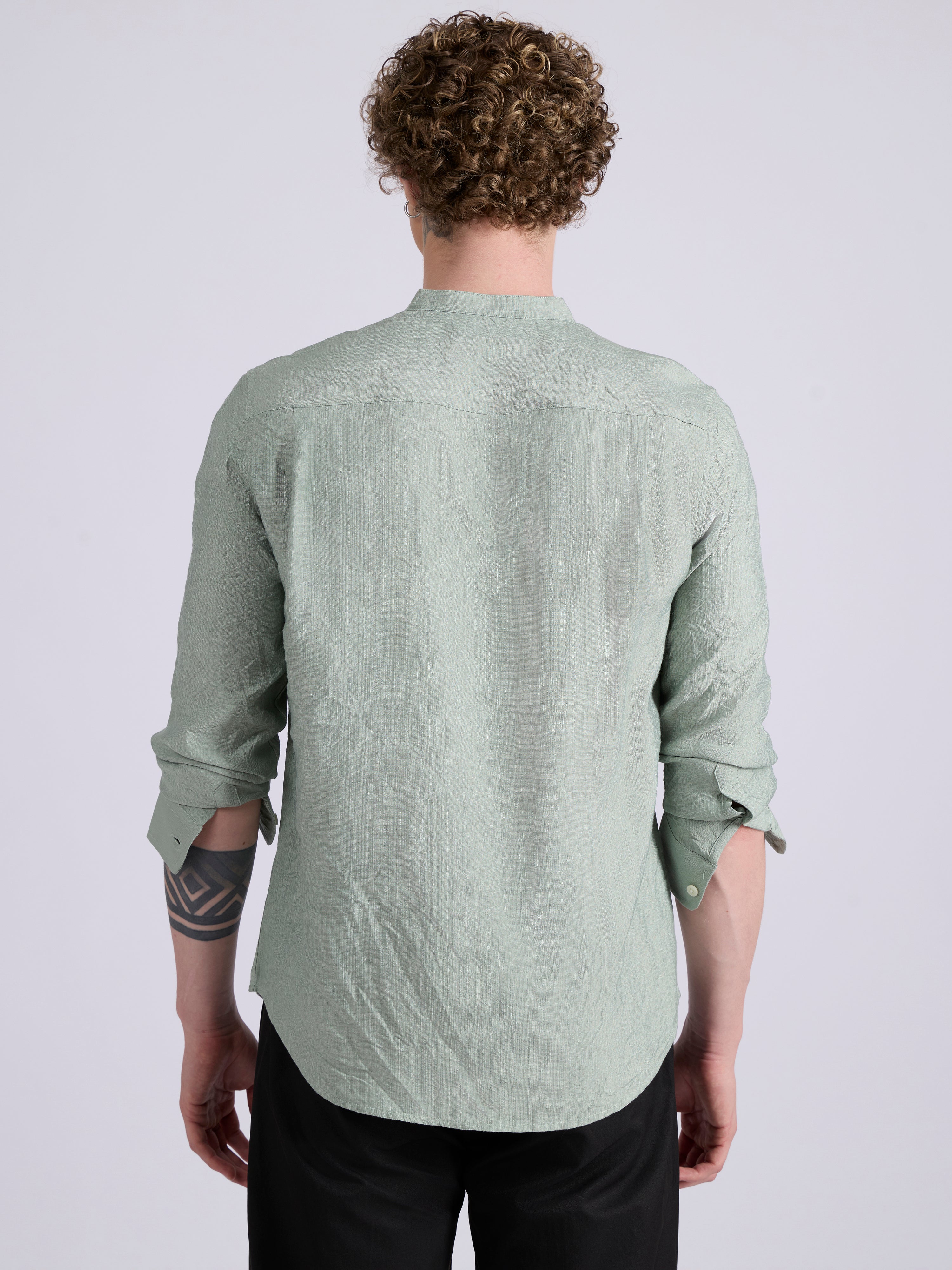Pryor - Band Collar Plain Shirt - Pista - Image 6
