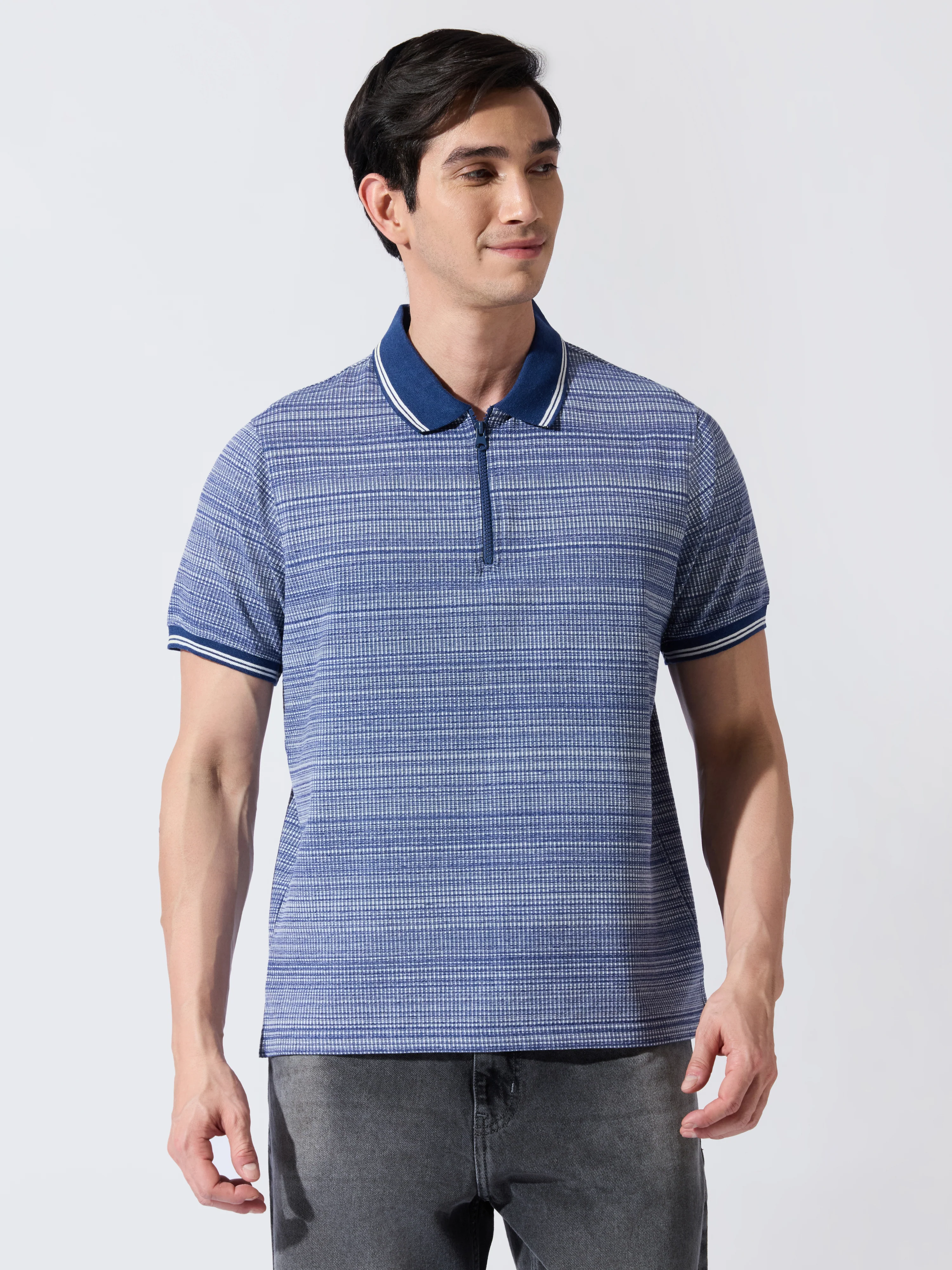 Rusel - Blue Striped Half Zip Regular Polo T-Shirt - Image 4