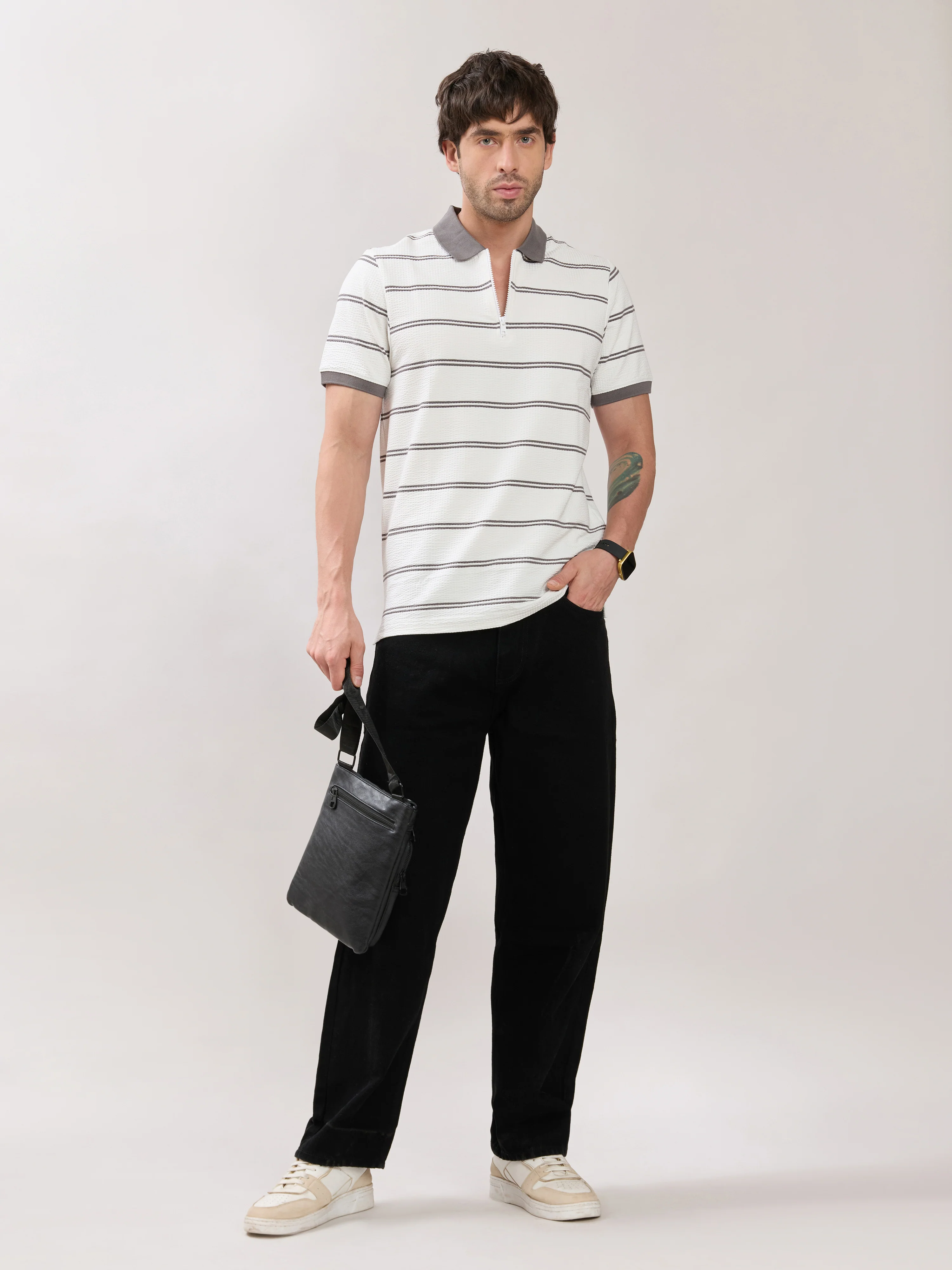 Rusel - Grey Striped Half Zip Regular Polo T-Shirt - Image 2