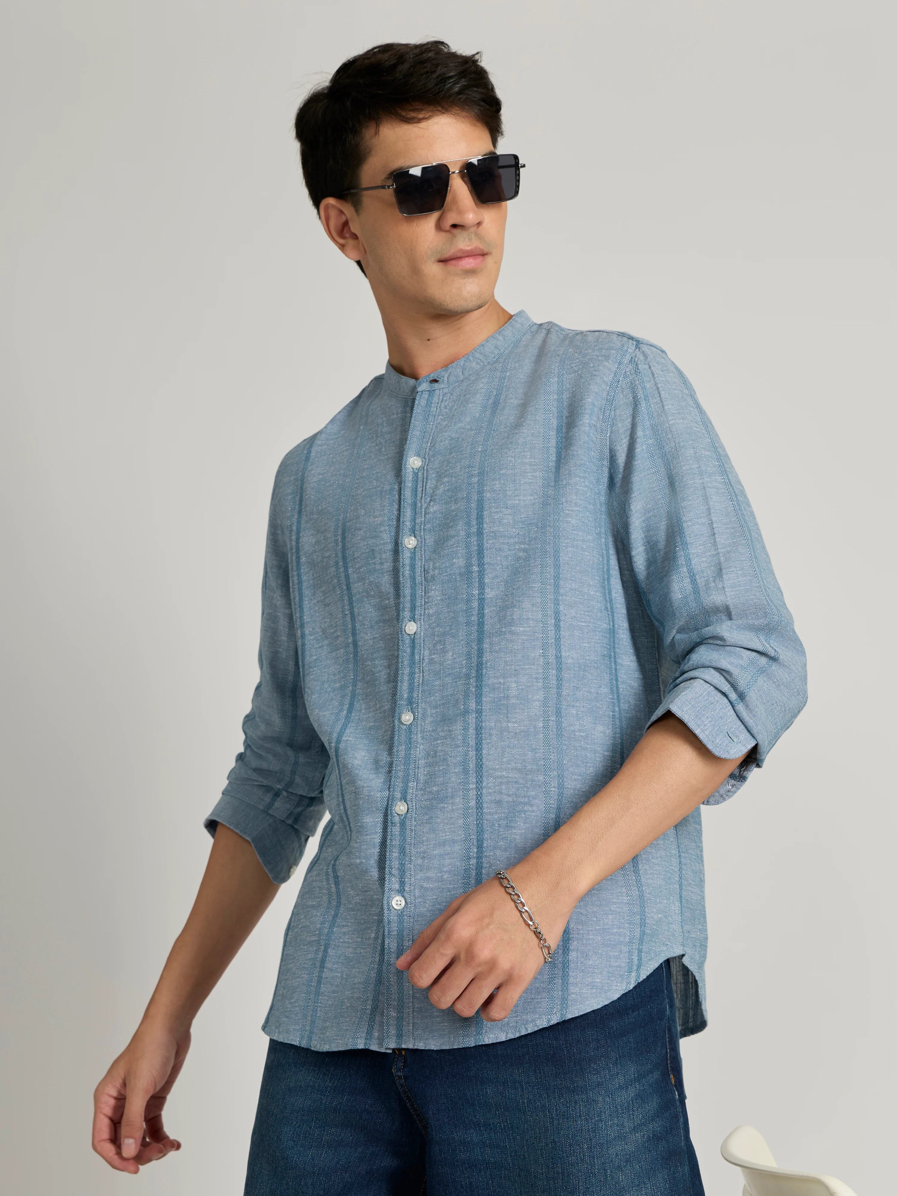 Salvator - Band Collar Striped Shirt - Blue - Image 5