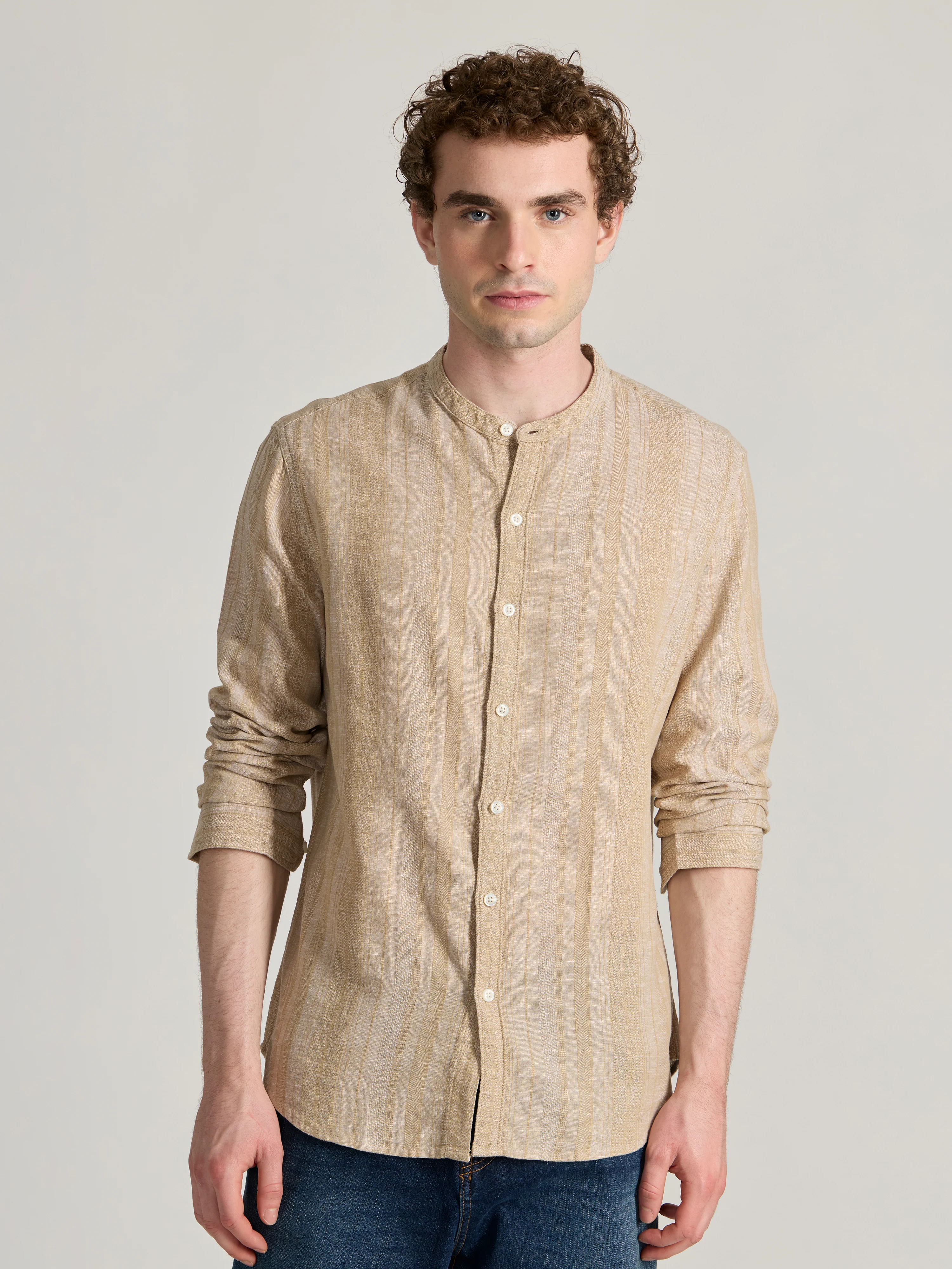 Salvator - Band Collar Striped Shirt - Light Beige - Image 4