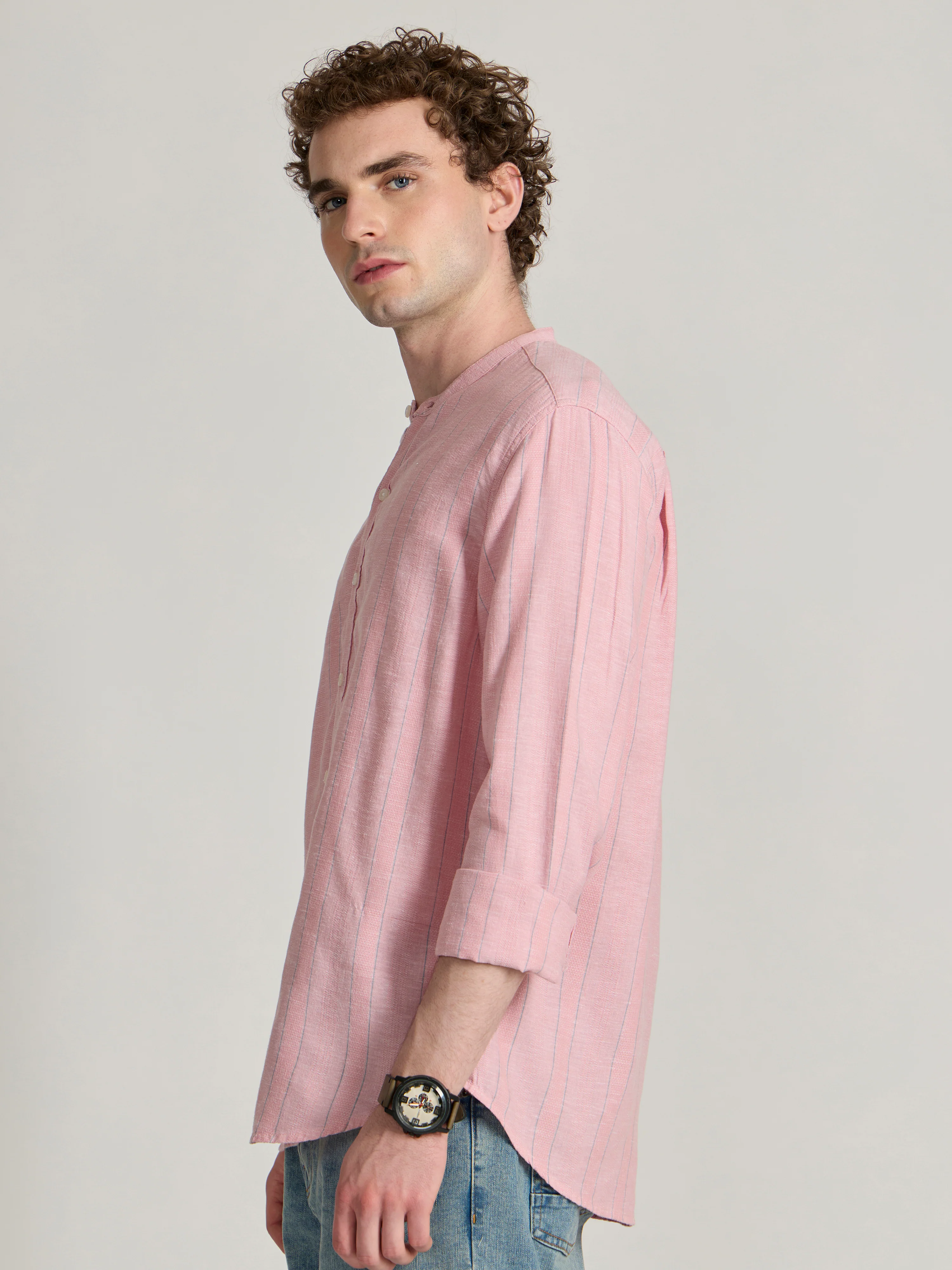 Salvator - Band Collar Striped Shirt - Pink - Image 5