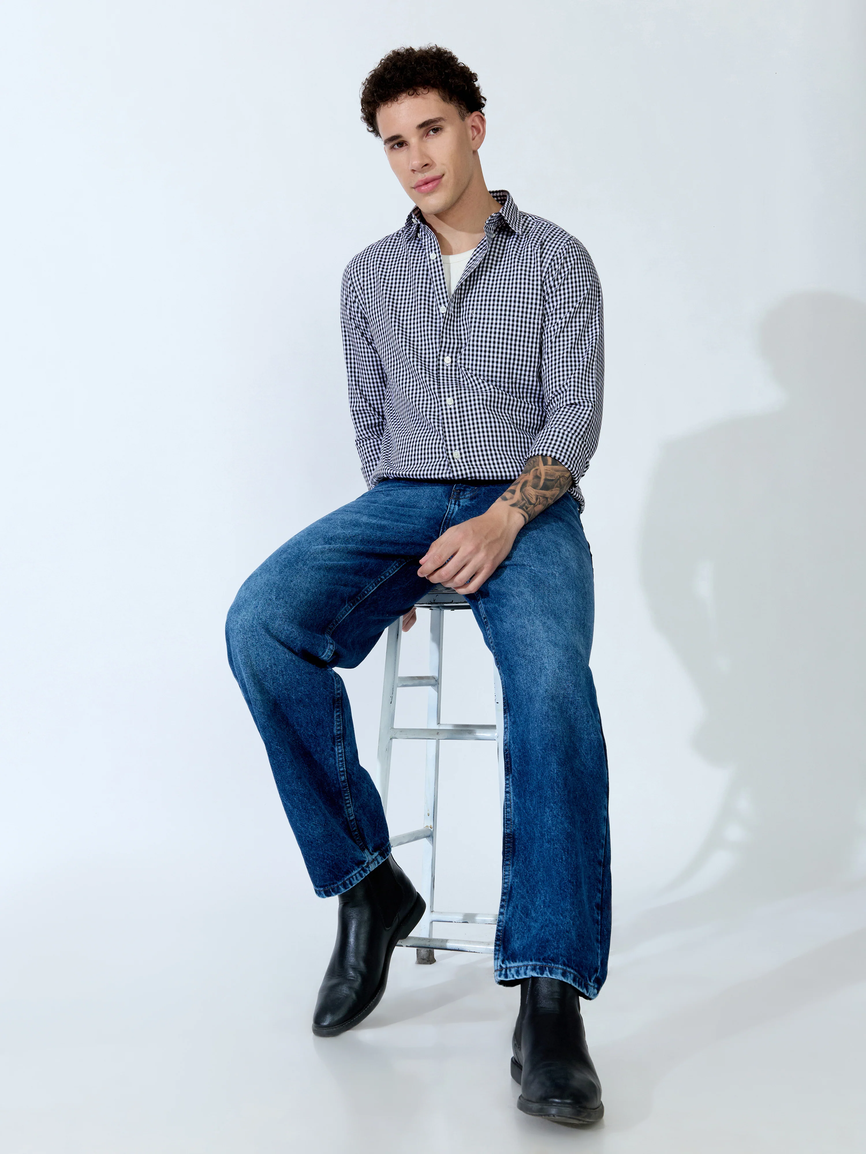 Sara - 100% Cotton Gingham Shirt - Black - Image 2