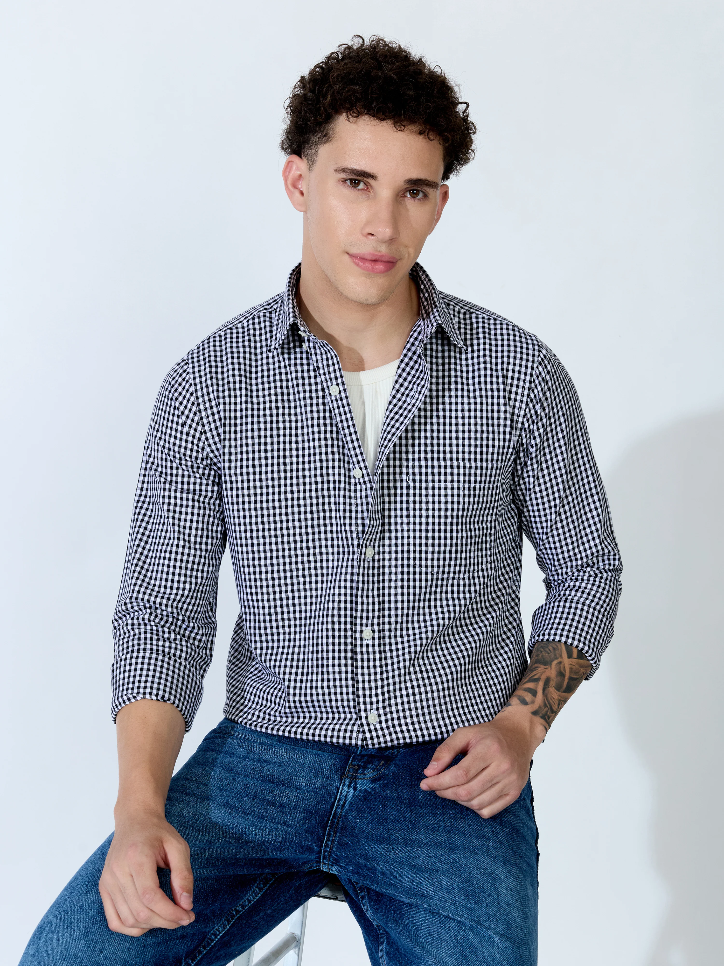 Sara - 100% Cotton Gingham Shirt - Black - Image 4