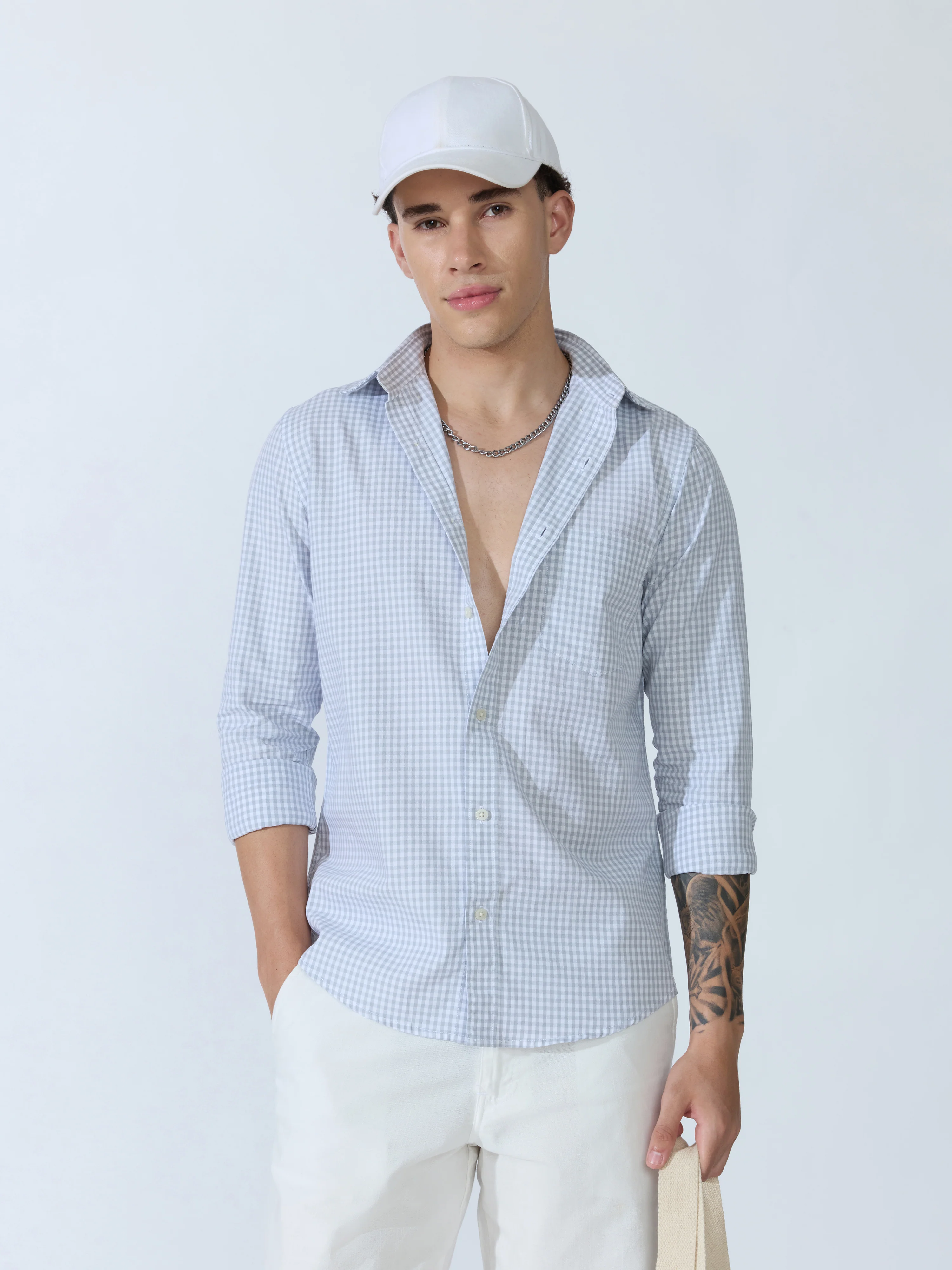 Sara - 100% Cotton Gingham Shirt - Light Grey