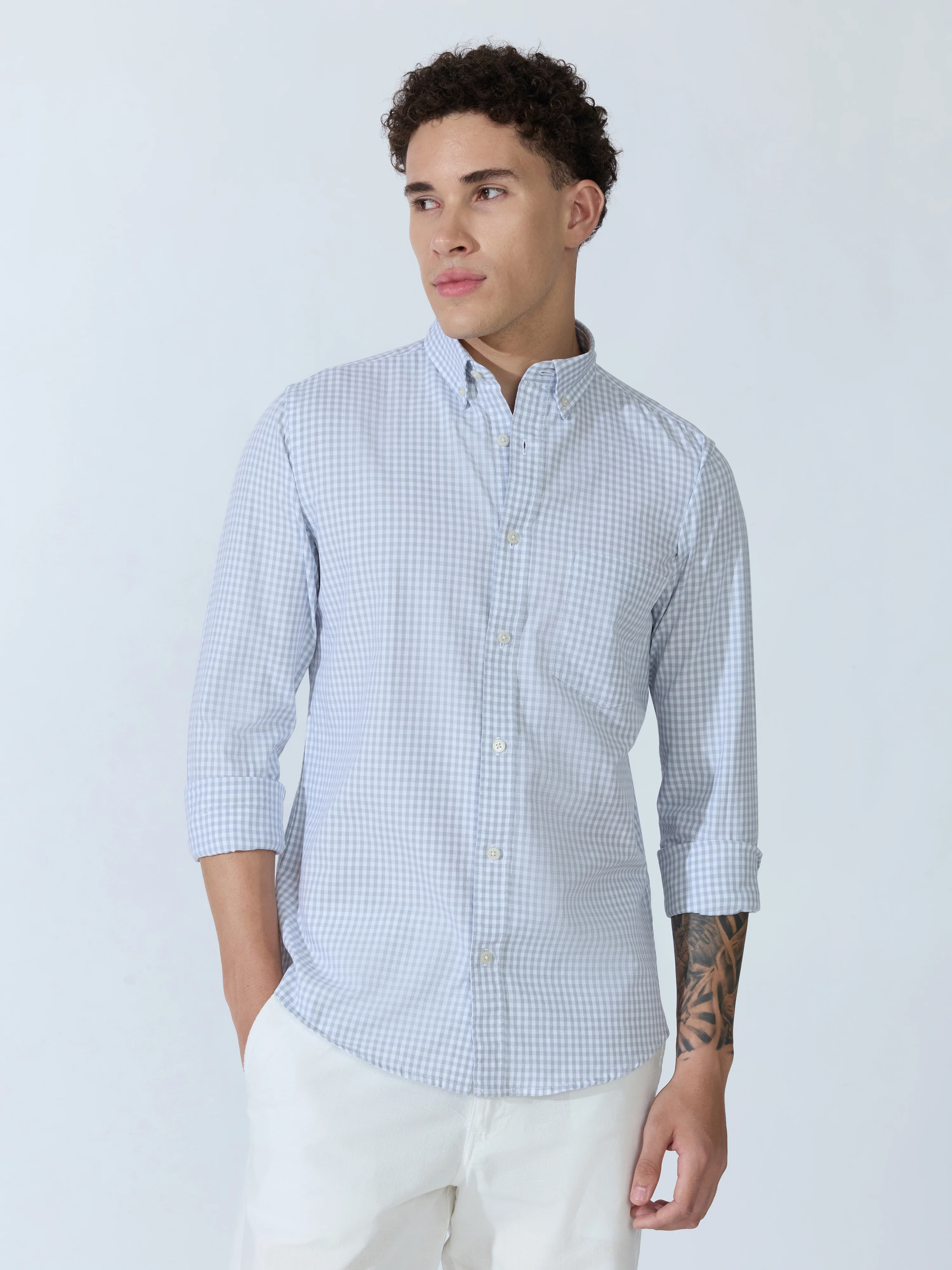 Sara - 100% Cotton Gingham Shirt - Light Grey - Image 4