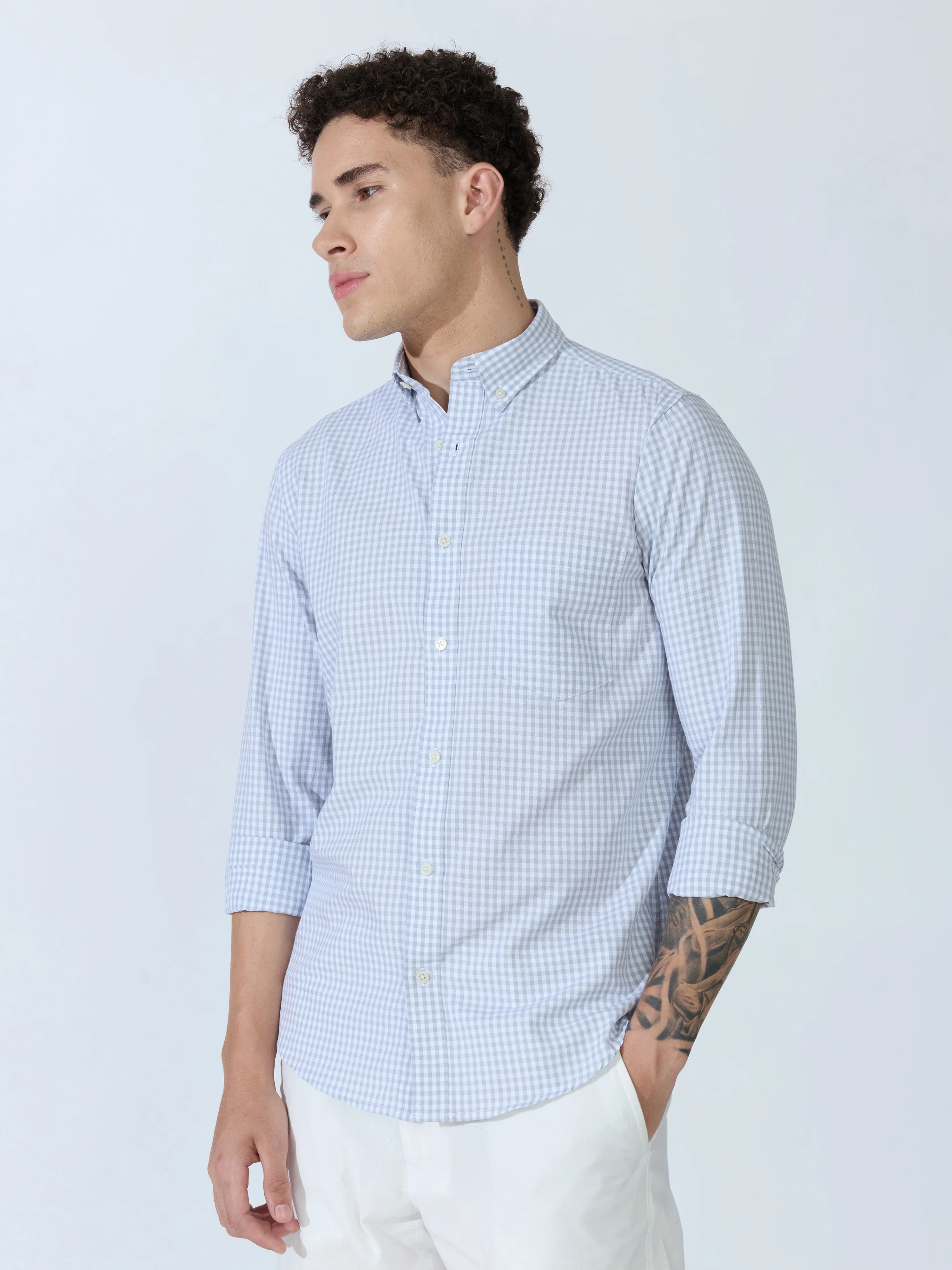 Sara - 100% Cotton Gingham Shirt - Light Grey - Image 5