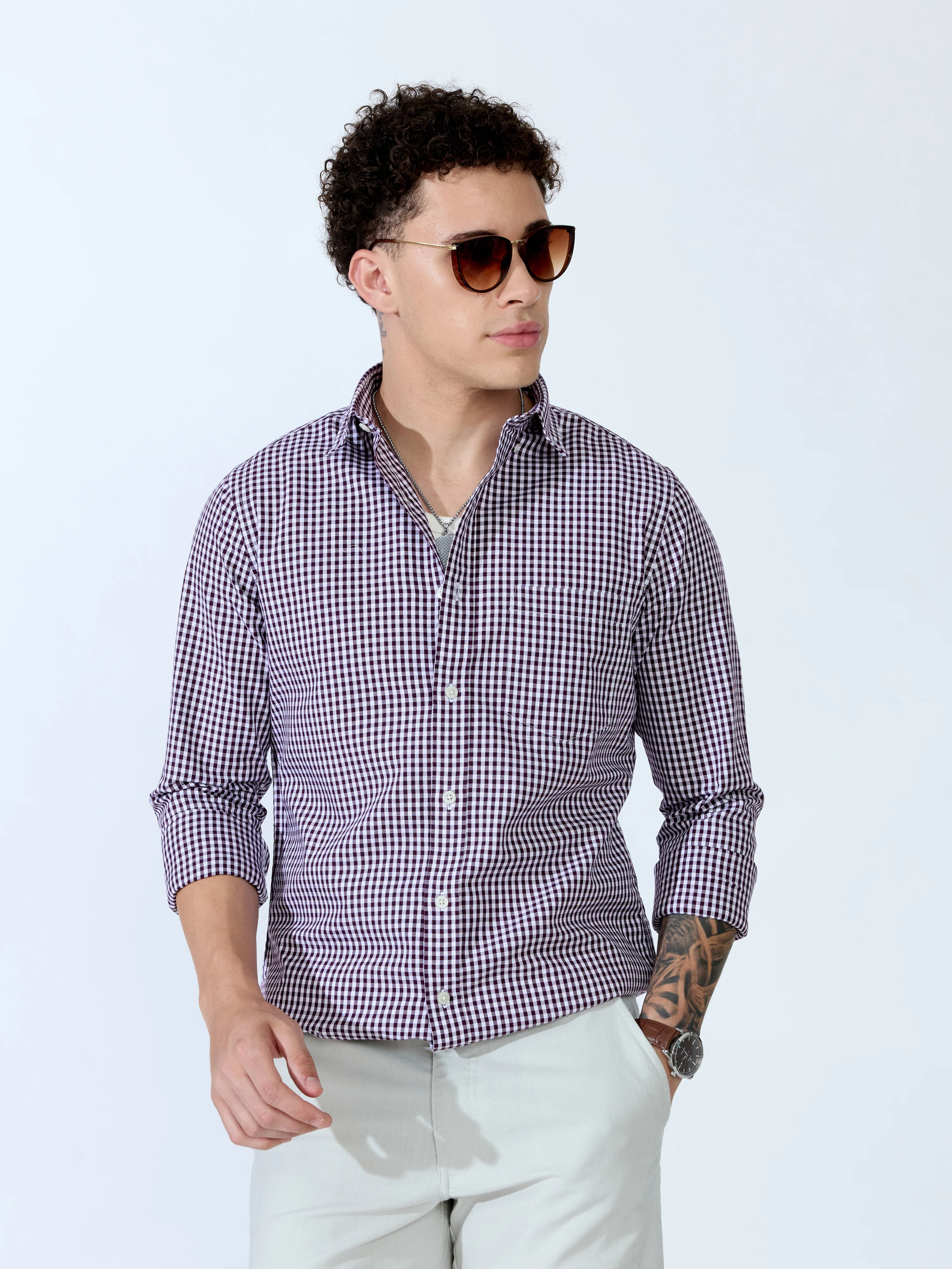 Sara - 100% Cotton Gingham Shirt - Wine