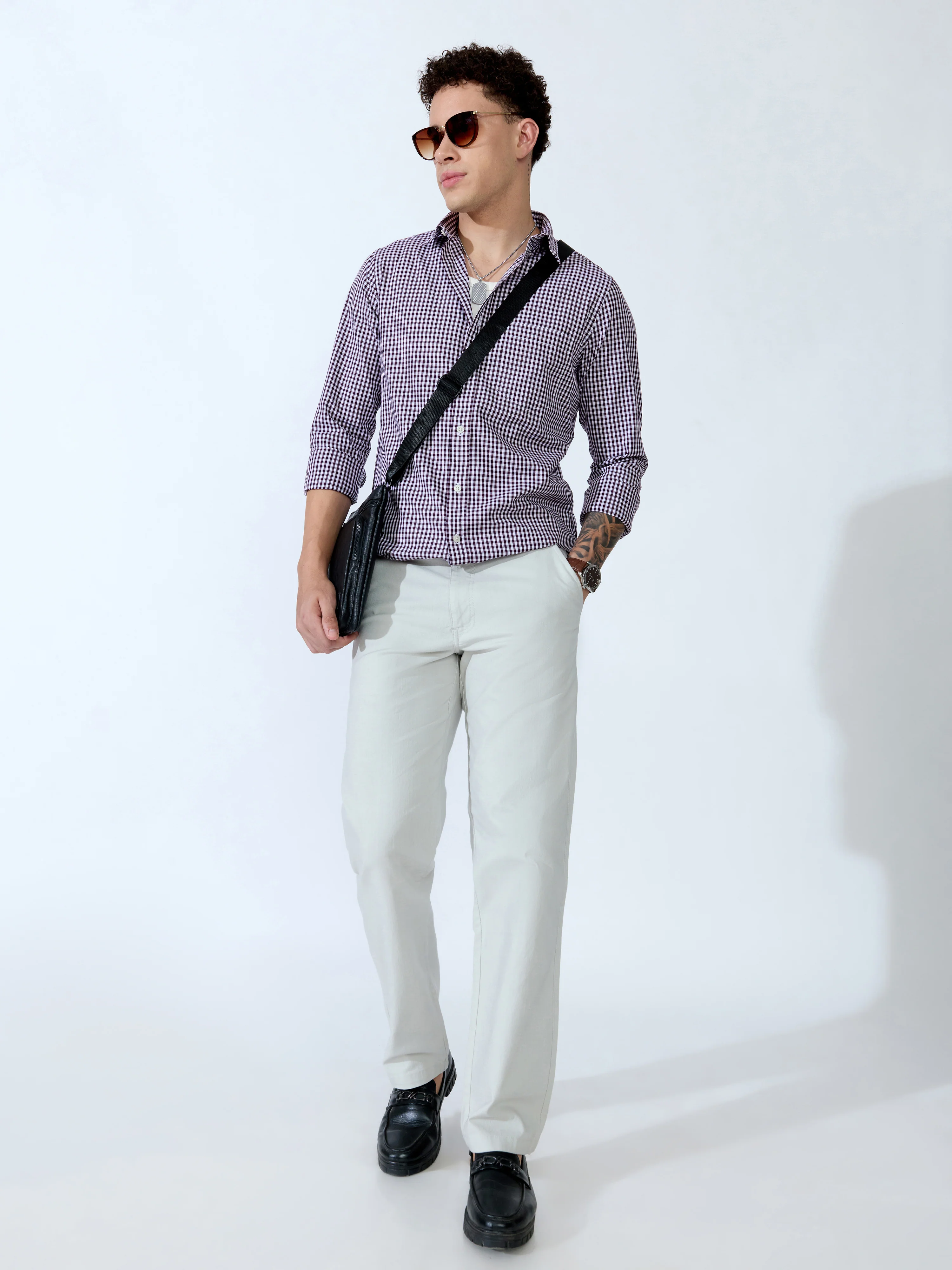 Sara - 100% Cotton Gingham Shirt - Wine - Image 2