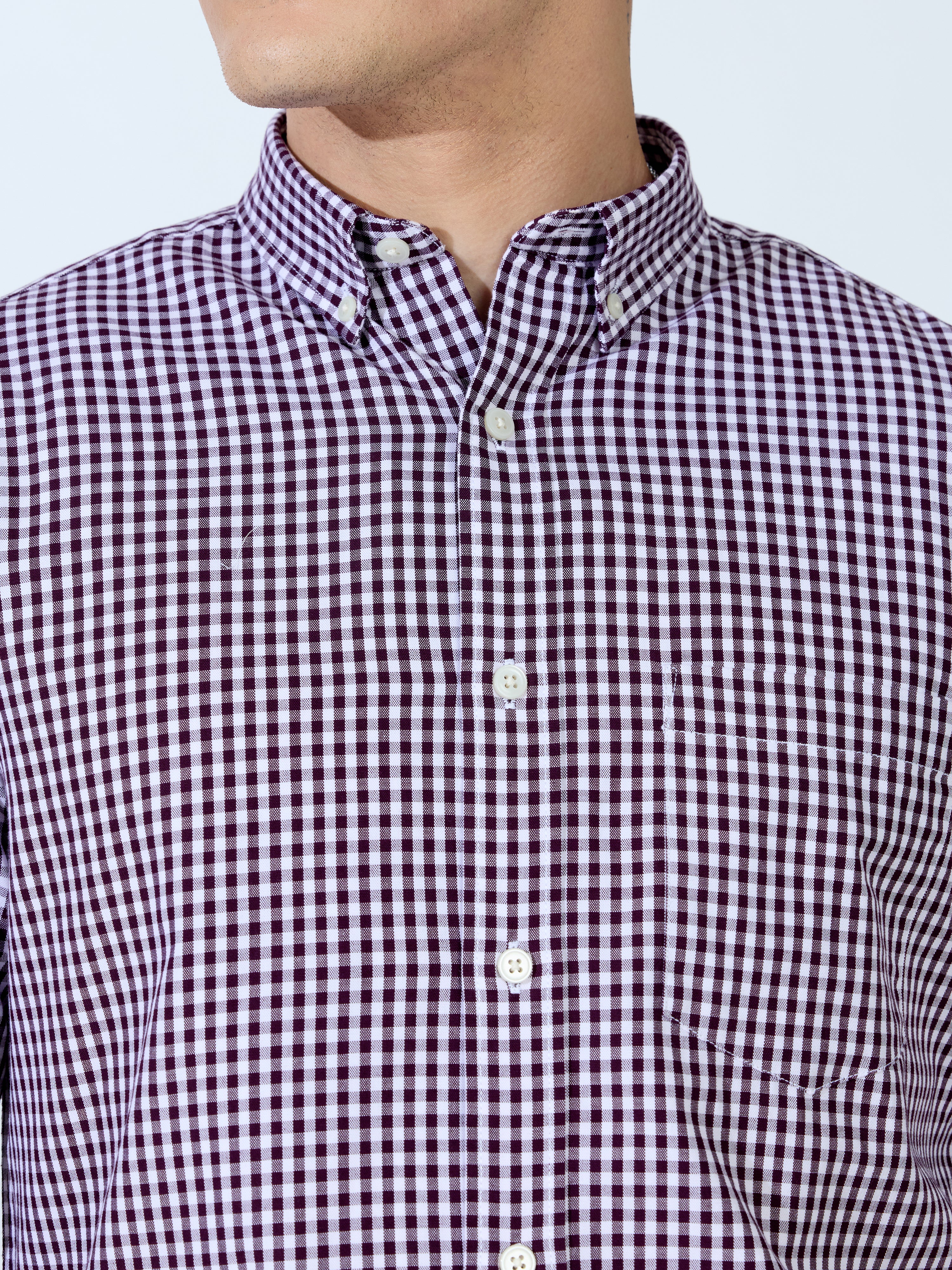 Sara - 100% Cotton Gingham Shirt - Wine - Image 3