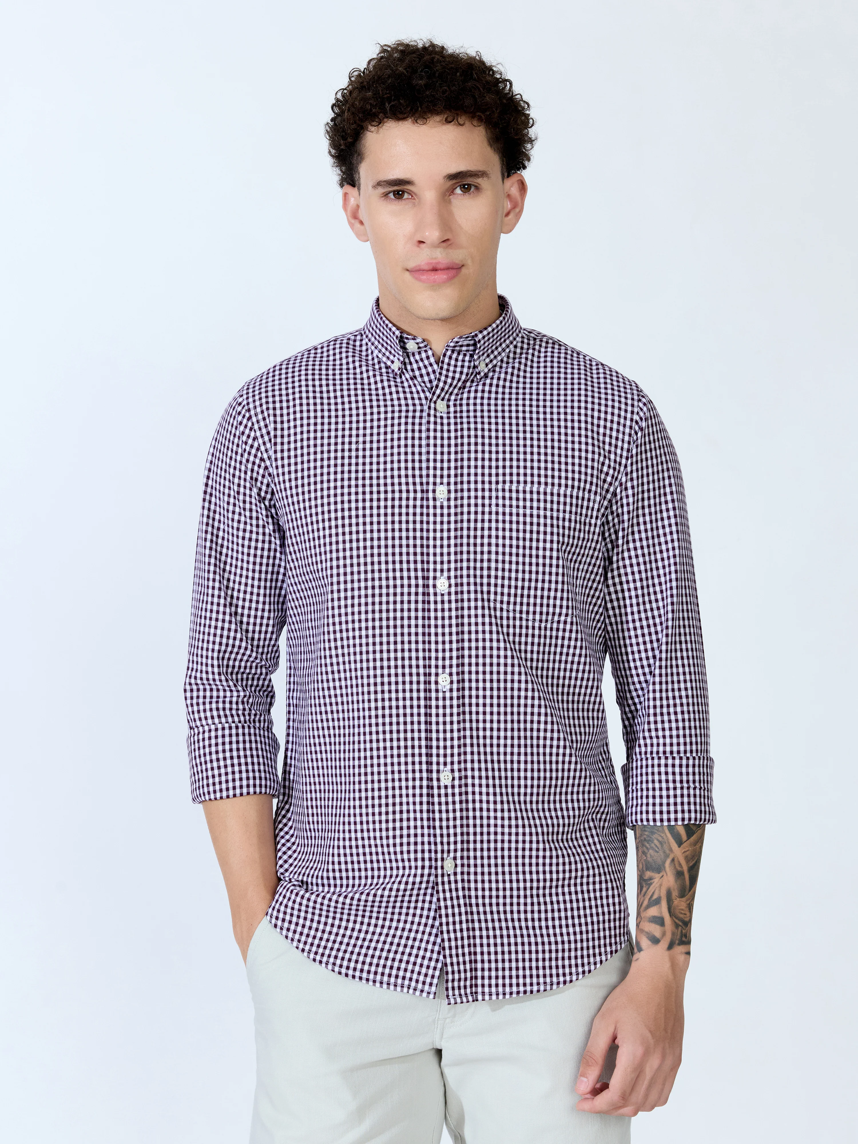 Sara - 100% Cotton Gingham Shirt - Wine - Image 4