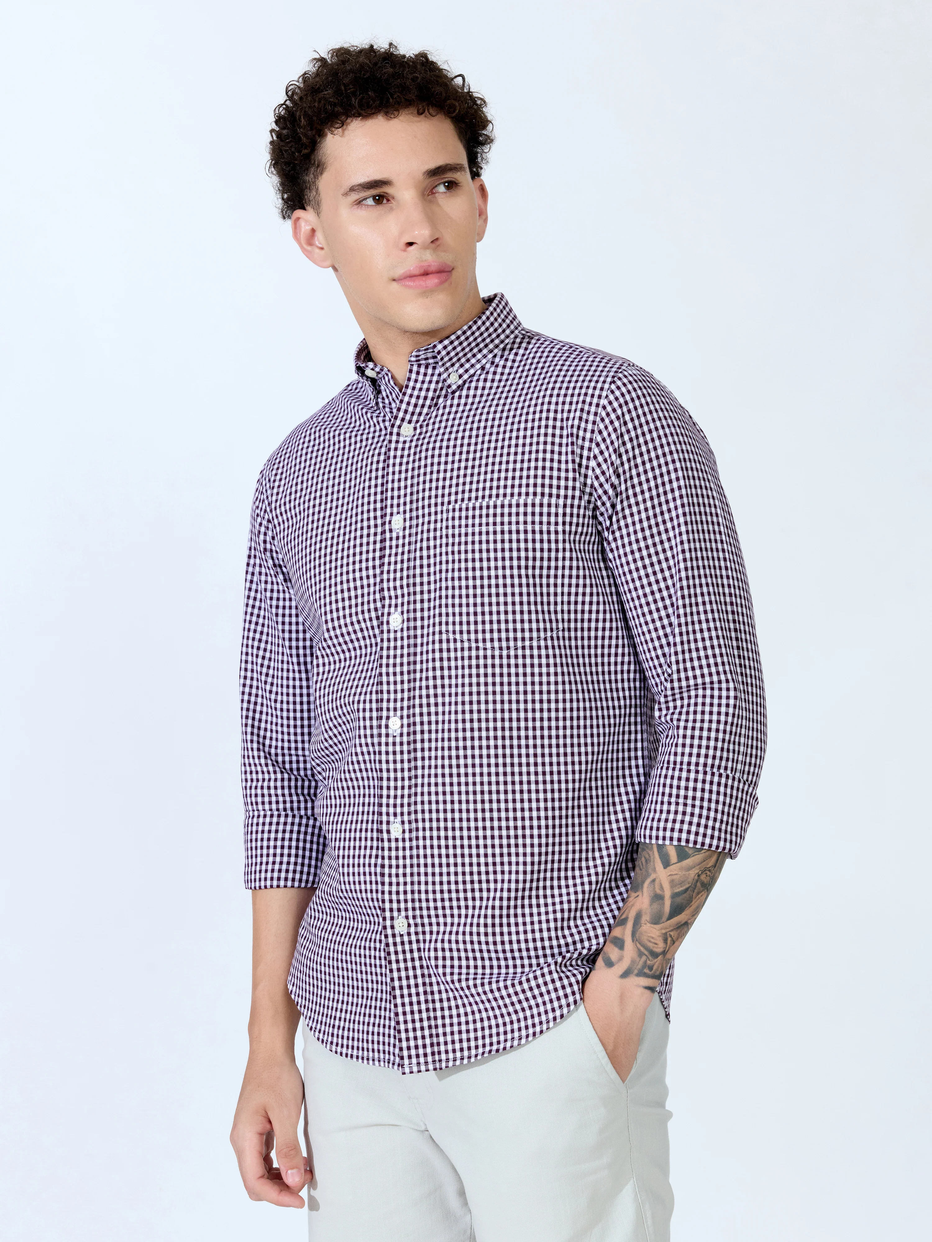 Sara - 100% Cotton Gingham Shirt - Wine - Image 5