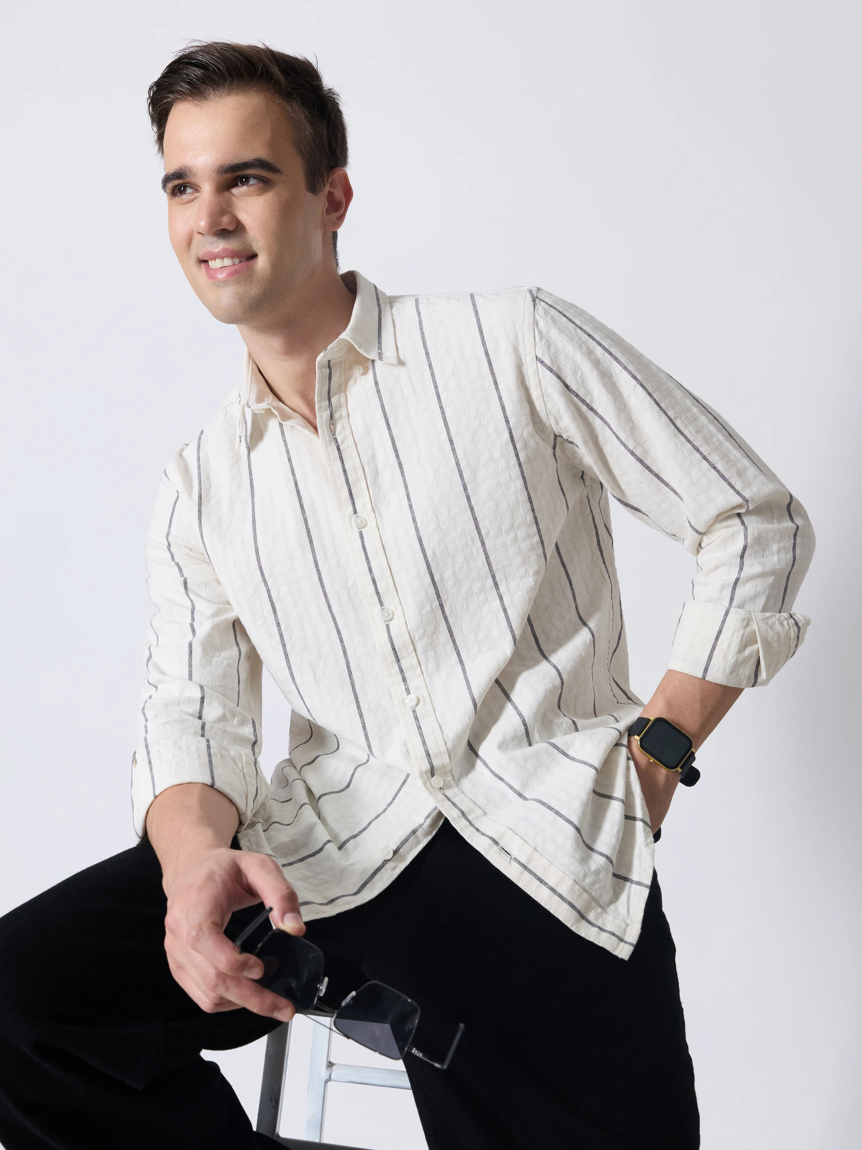 Sata - Textured Stripe Shirt - Cream - Image 5