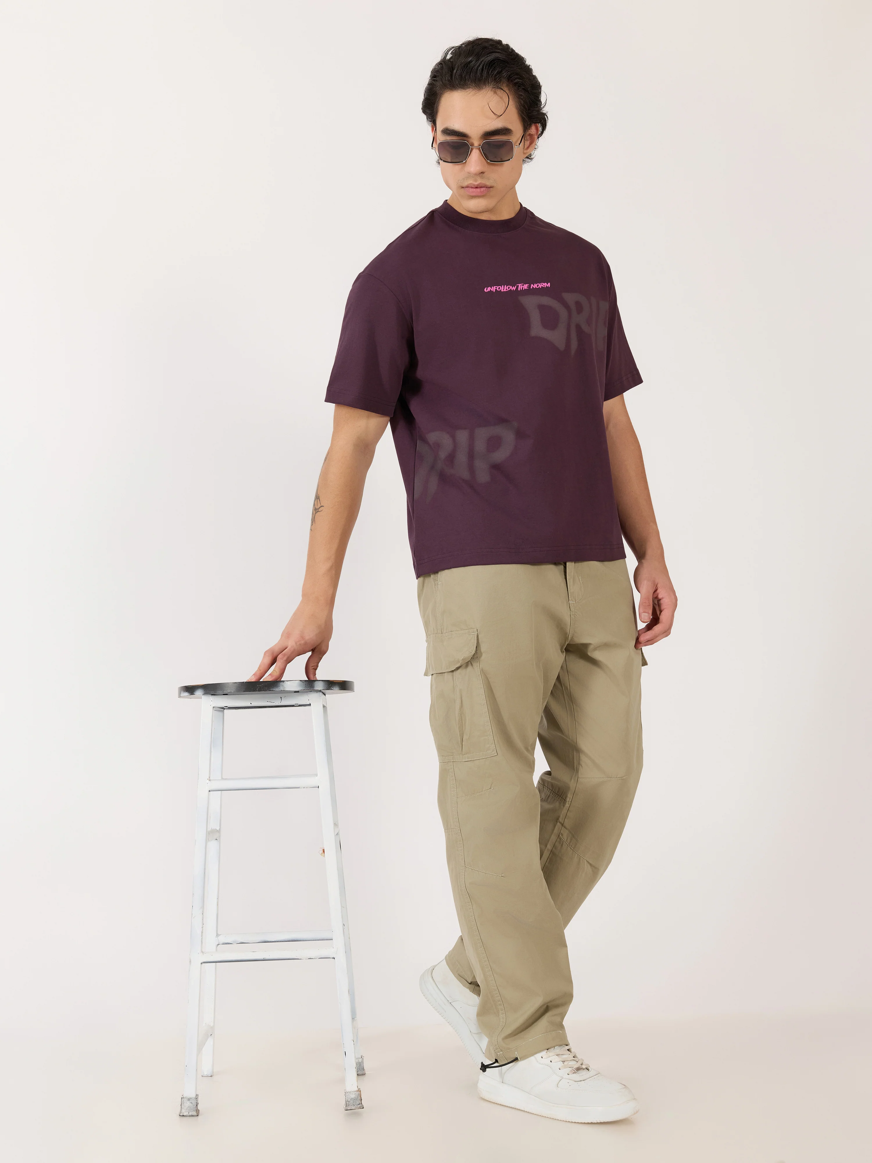 Sheldon - Drip Printed Dark Plum Loose Fit T-Shirt - Image 4