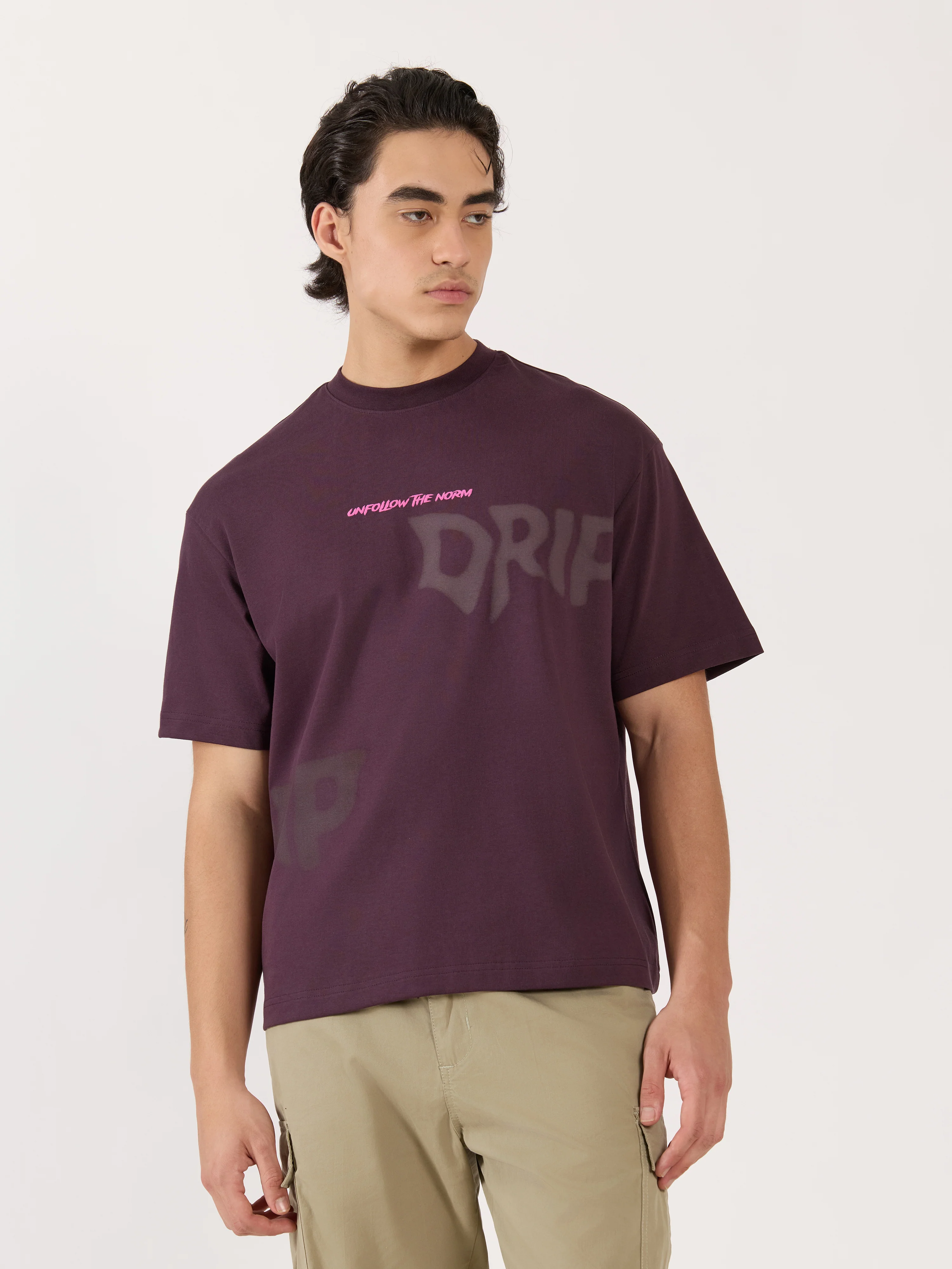 Sheldon - Drip Printed Dark Plum Loose Fit T-Shirt - Image 5
