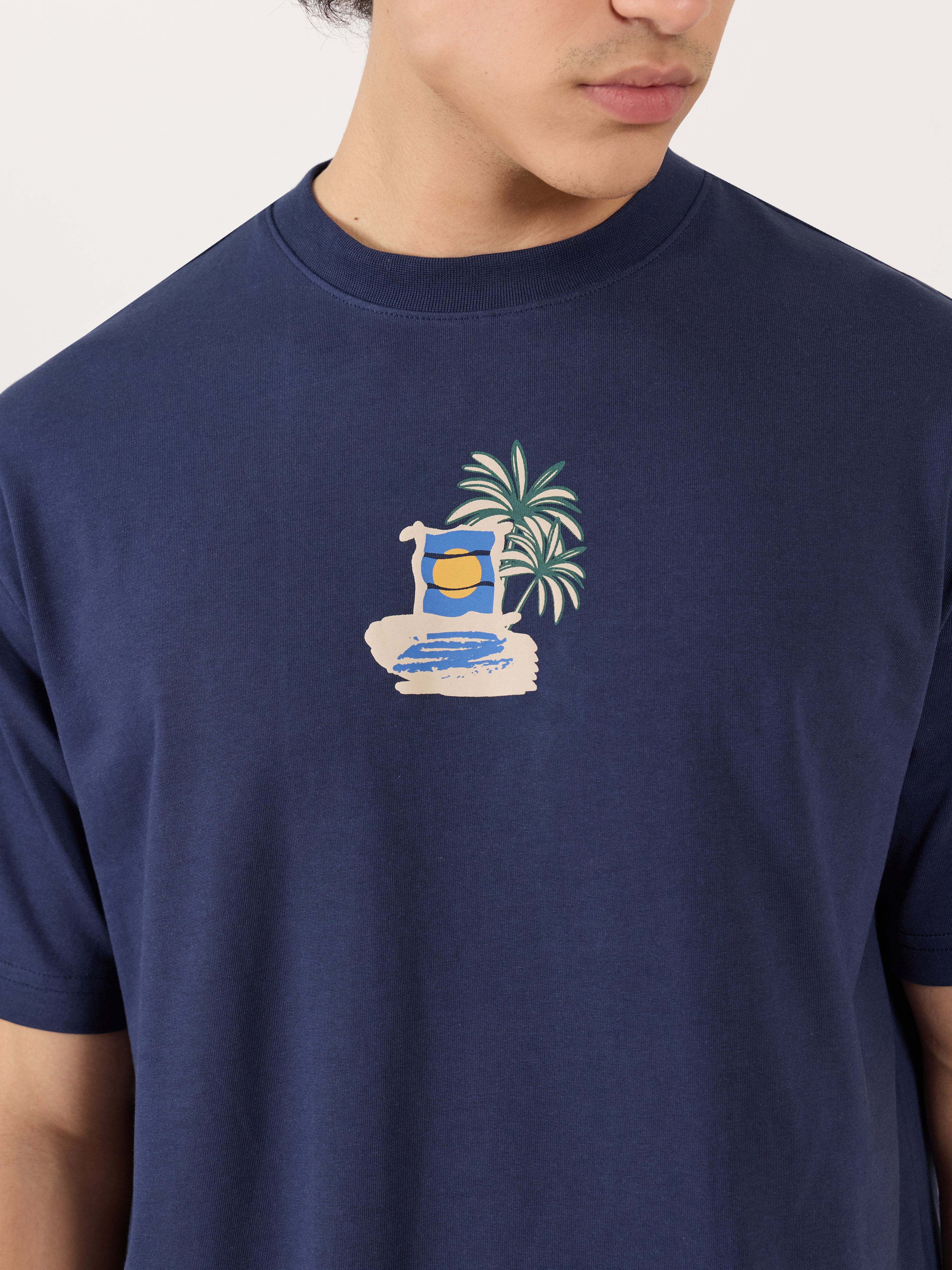 Sheldon - Tropical Sunset Graphic Navy Blue Loose Fit T-Shirt - Image 3