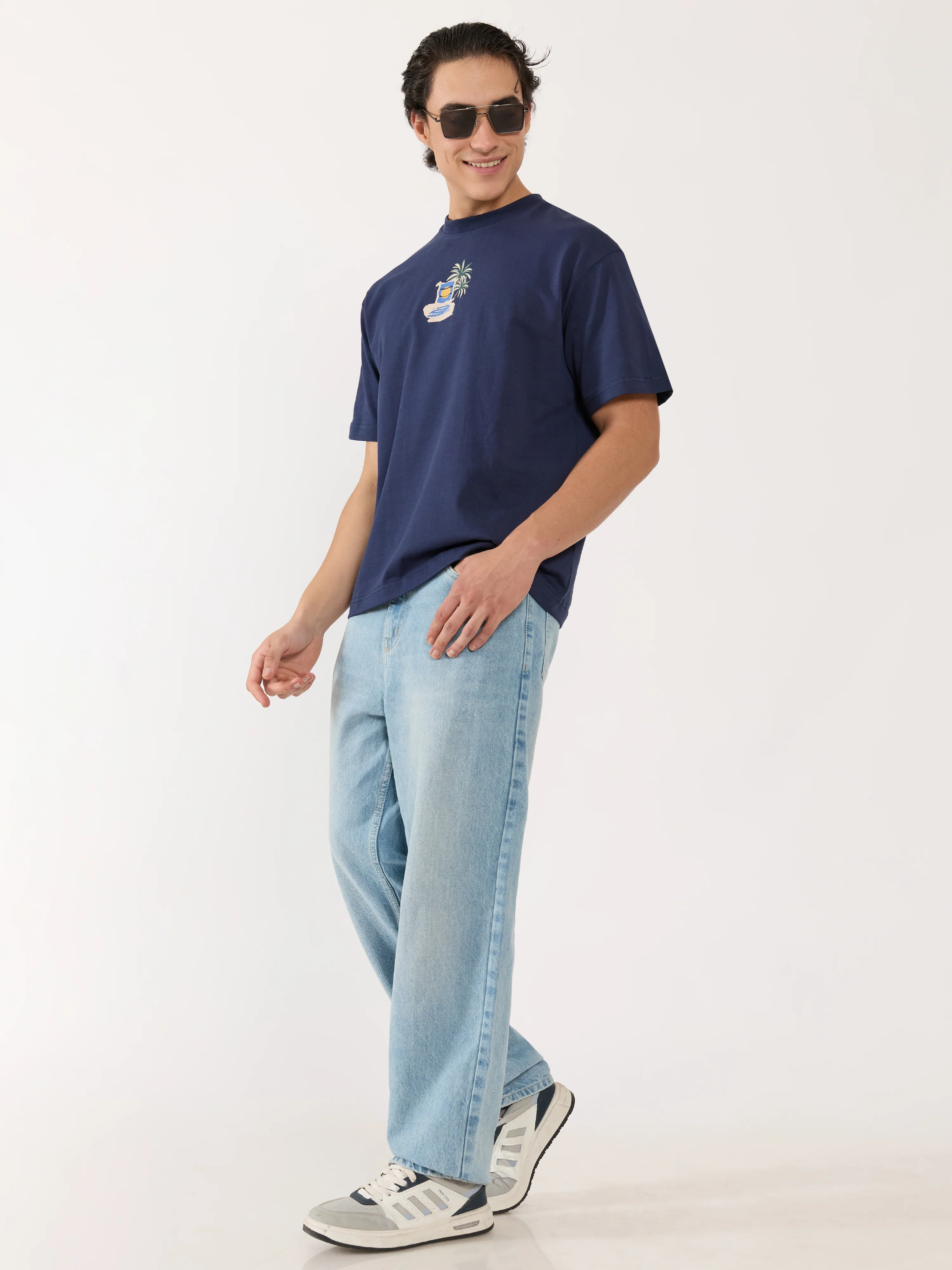 Sheldon - Tropical Sunset Graphic Navy Blue Loose Fit T-Shirt - Image 4
