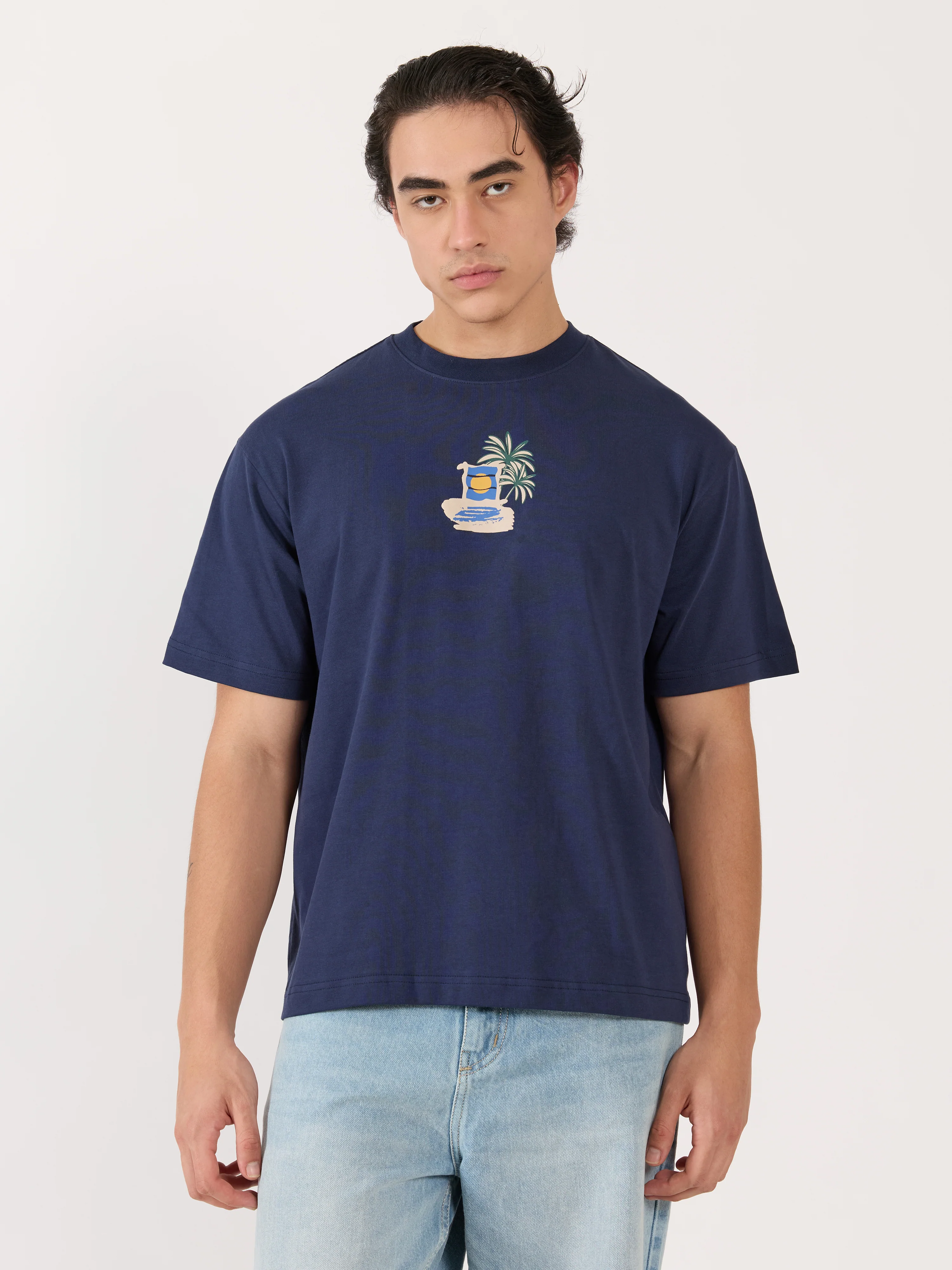 Sheldon - Tropical Sunset Graphic Navy Blue Loose Fit T-Shirt - Image 6